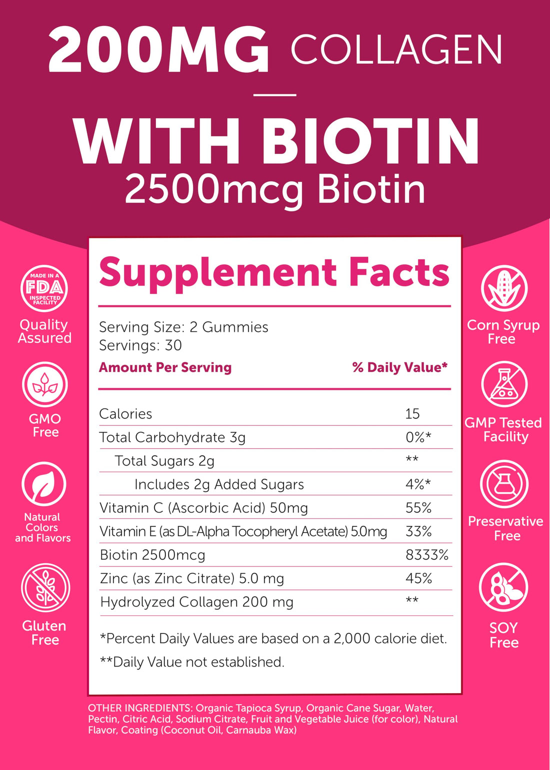 Lunakai USA Made Collagen Peptides Gummies - 200mg Non-GMO Anti-Aging Formula with Biotin, Zinc, Vitamins C & E for Hair, Skin and Nails, 60ct