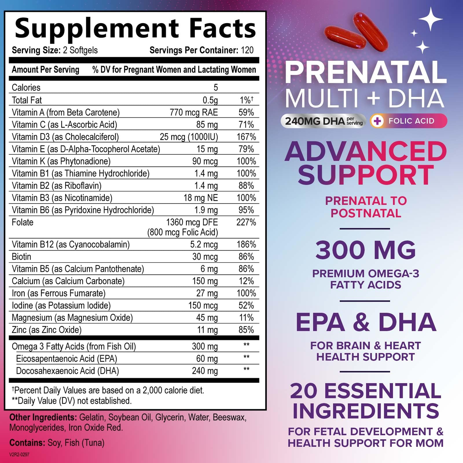 Women's Prenatal Multivitamin with Folic Acid + DHA, Prenatal Vitamin Supplement for Fetal Support w/Folate, Omega 3, Vitamins D3, B6, B12 & Iron, Pregnancy Prenatal DHA, Non-GMO - 240 Softgels