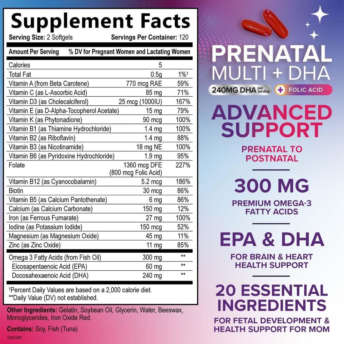 Women's Prenatal Multivitamin with Folic Acid + DHA, Prenatal Vitamin Supplement for Fetal Support w/Folate, Omega 3, Vitamins D3, B6, B12 & Iron, Pregnancy Prenatal DHA, Non-GMO - 240 Softgels