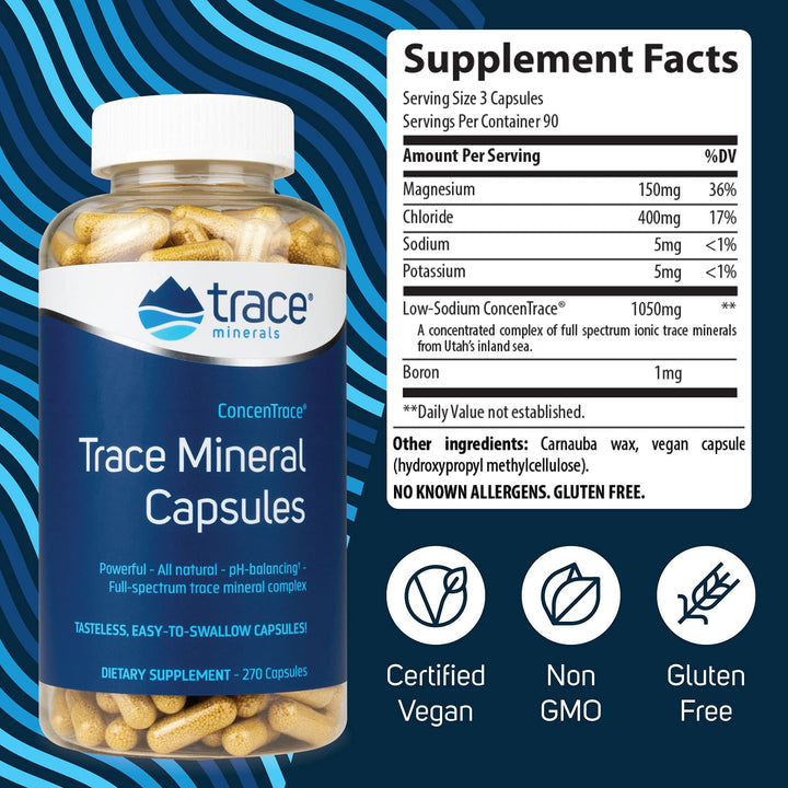 Trace Minerals Low-Sodium ConcenTrace Capsules - Supplement to Support Bone Health & Body Energy - Healthy Hydration & Electrolyte Support Supplement - 270 Capsules (90 Servings