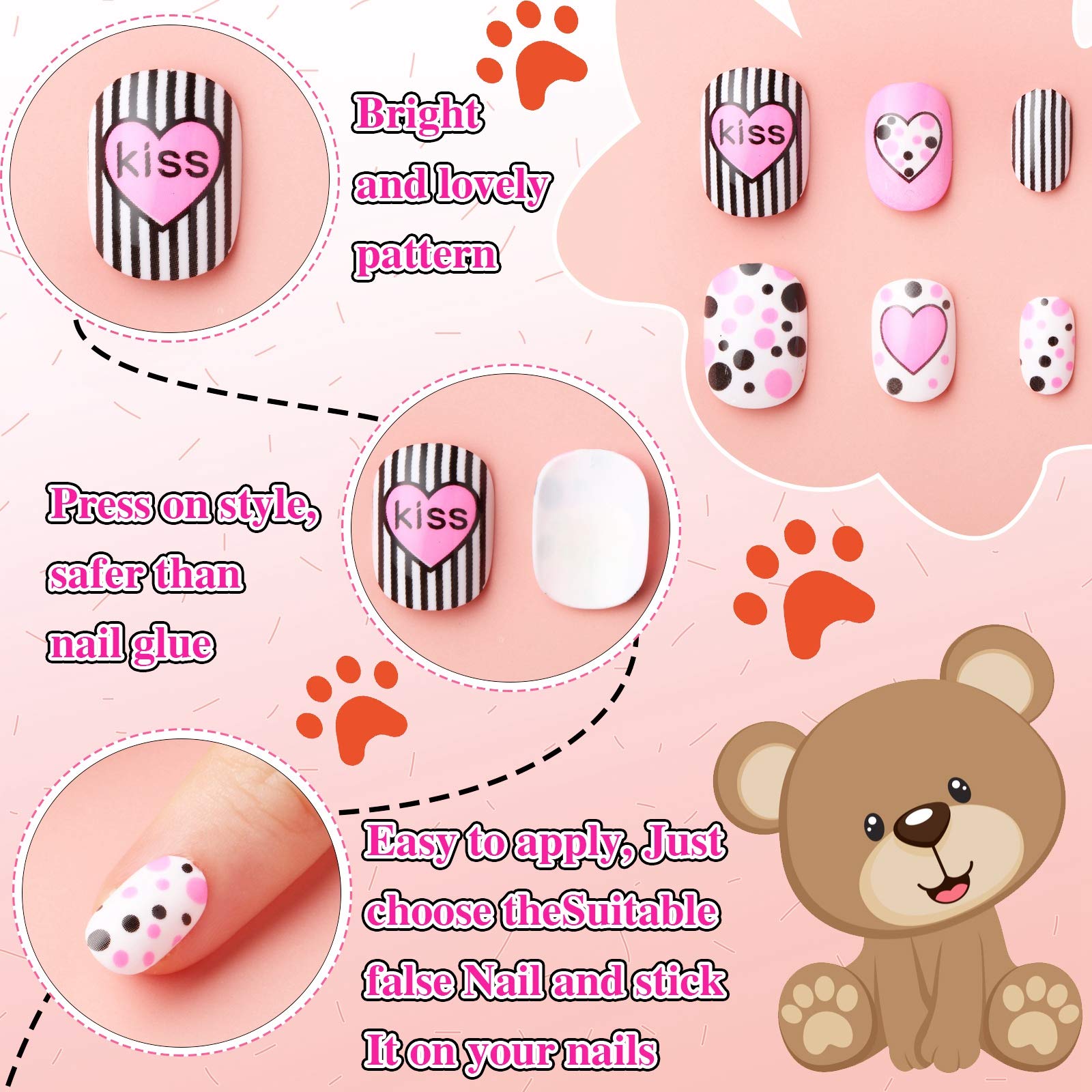 120 Pieces Girls Press on Nails Fake Nails Artificial Nail Tips Children Full Cover Short False Fingernails for Girls Kids Nail Art Decoration (Sweet Pattern)