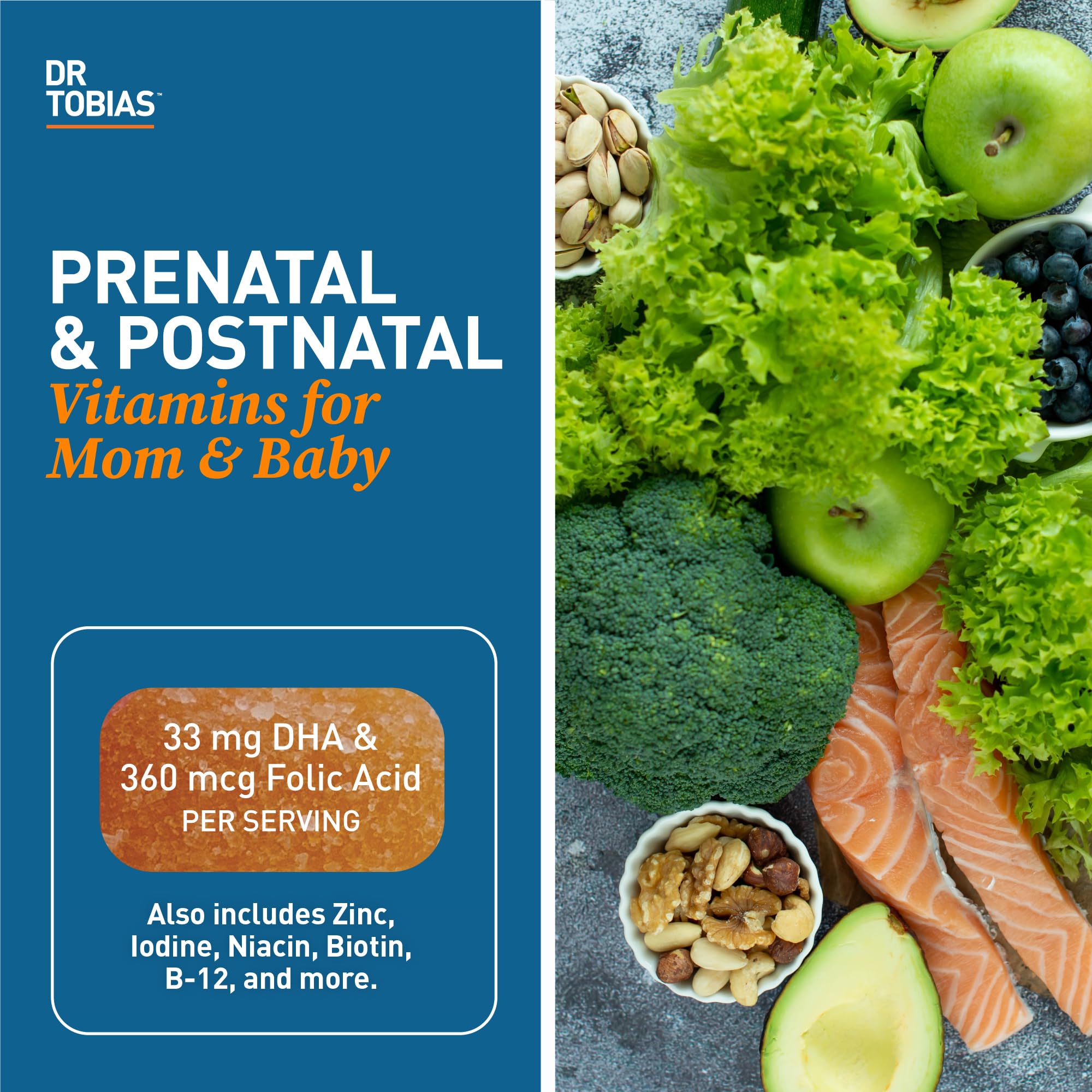 Dr. Tobias Prenatal Vitamin Gummy, Iron Free Prenatal Vitamins with DHA and Folic Acid, Niacin, Biotin, B6, & B12, Includes Fish Oil, for Pre & Postnatal Support, 60 Gummies, 30 Servings