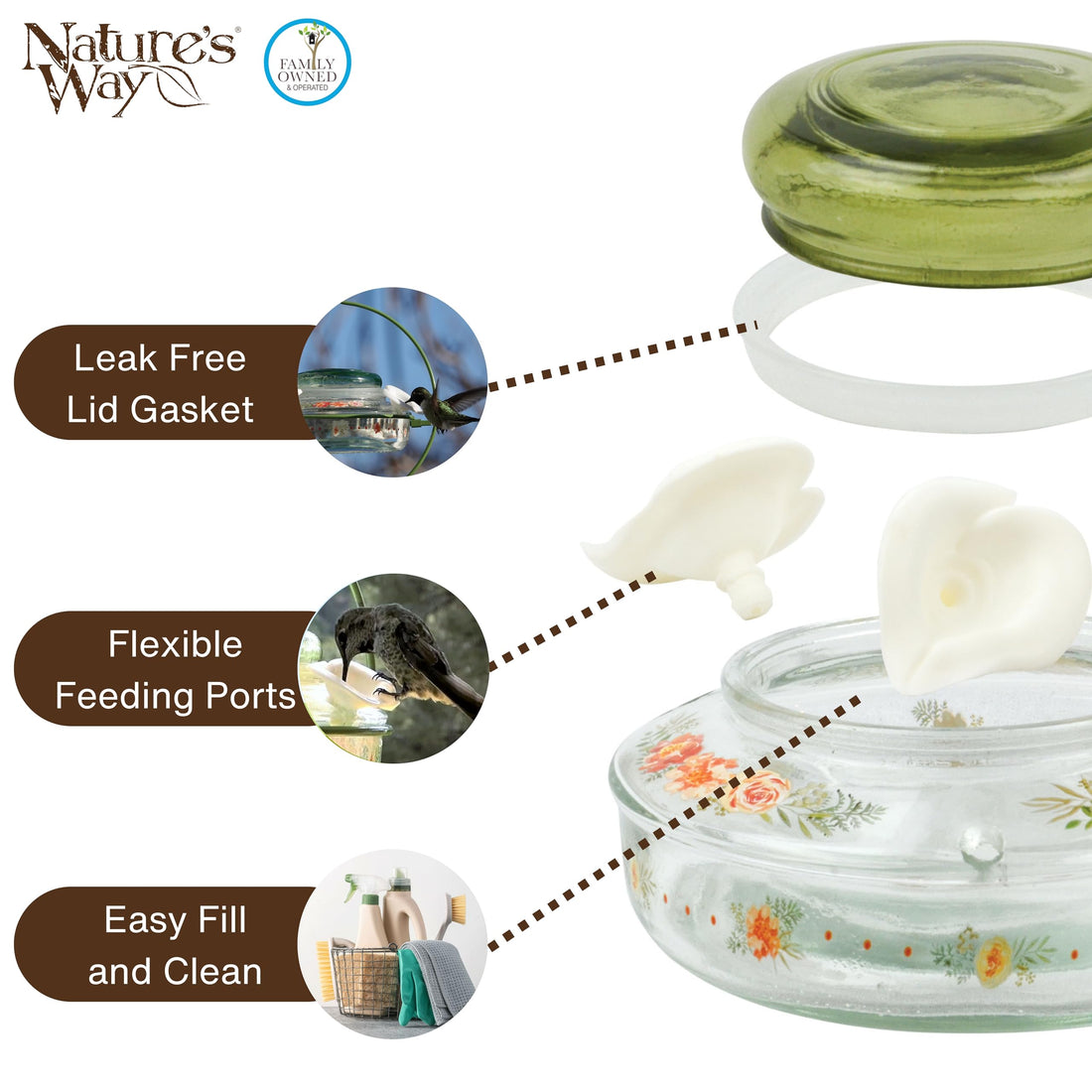 Nature's Way Bird Products Decorative Glass Top-Fill Hummingbird Feeder - Gardenia Bouquet (DTHF2)