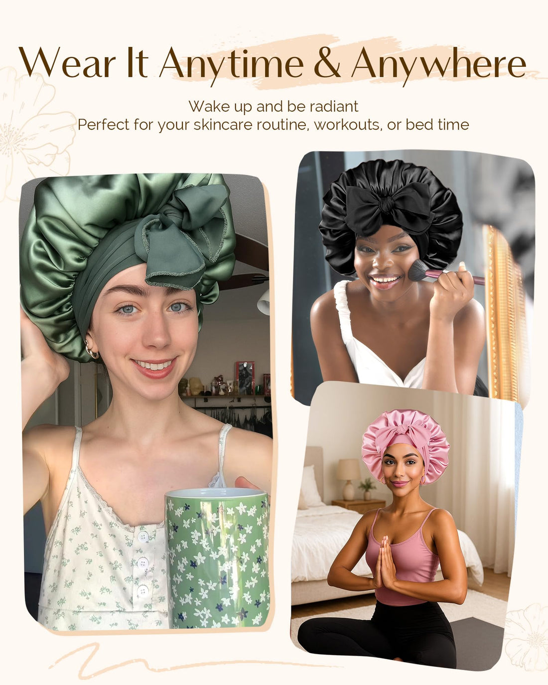 Yanibest Adjustable Satin Bonnet for Sleeping, Double Layer Silk Hair Bonnet with Tie Band for Unisex Women Men Curly Natural