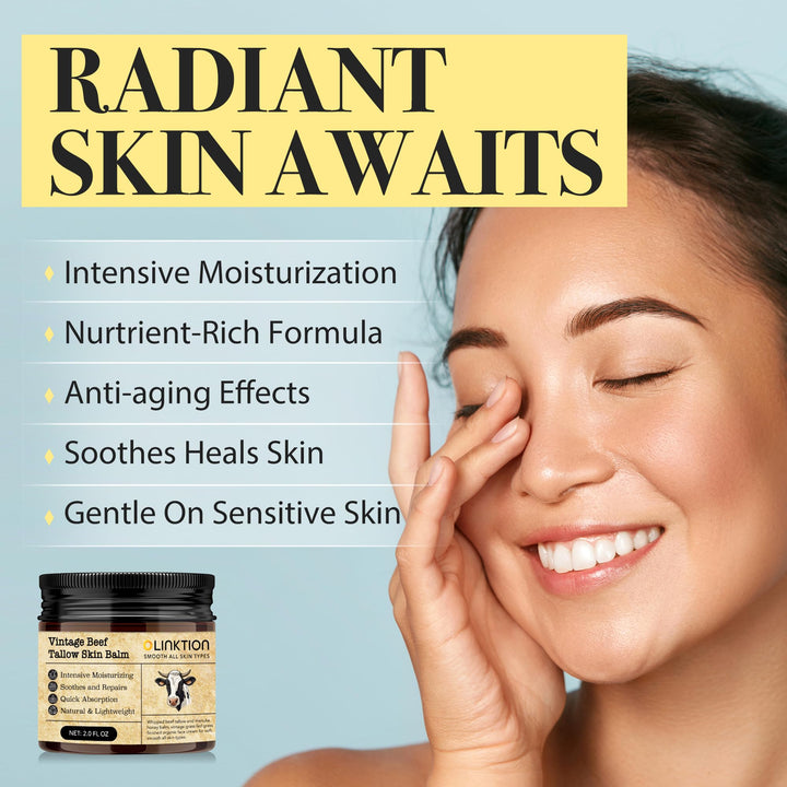 LINKTION Beef Tallow Honey Balm for Skin:100% Grass-Fed Beef Tallow Moisturizer For Face and Body Vintage Tallow Balm With Olive Oil Manuka Honey For Sensitive Dry Skin Repair - 2 oz