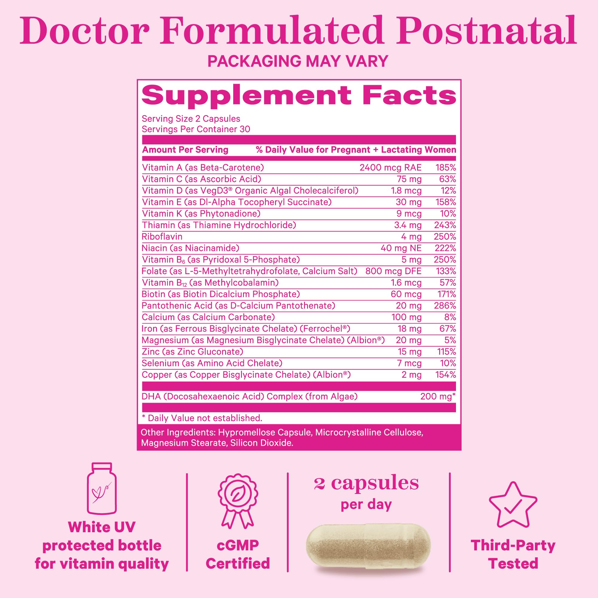 Pink Stork Total Postnatal Vitamins for Women with Vegan DHA, Iron, Folate, and Vitamin B12, Postpartum Recovery Essentials, Daily Supplement for Breastfeeding Moms - 1 Month Supply