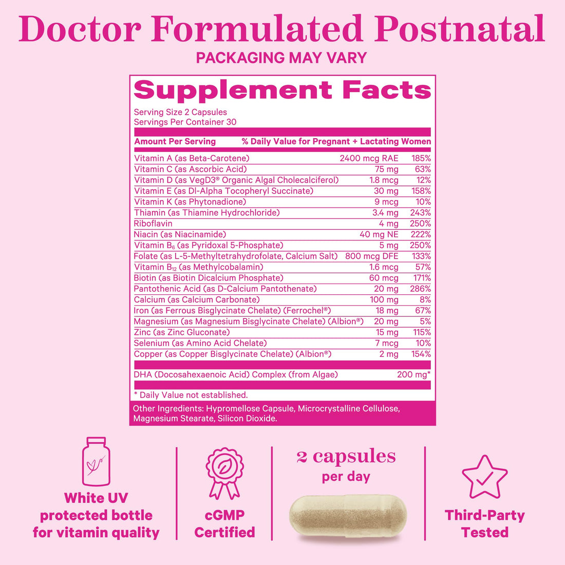 Pink Stork Total Postnatal Vitamins for Women with Vegan DHA, Iron, Folate, and Vitamin B12, Postpartum Recovery Essentials, Daily Supplement for Breastfeeding Moms - 1 Month Supply