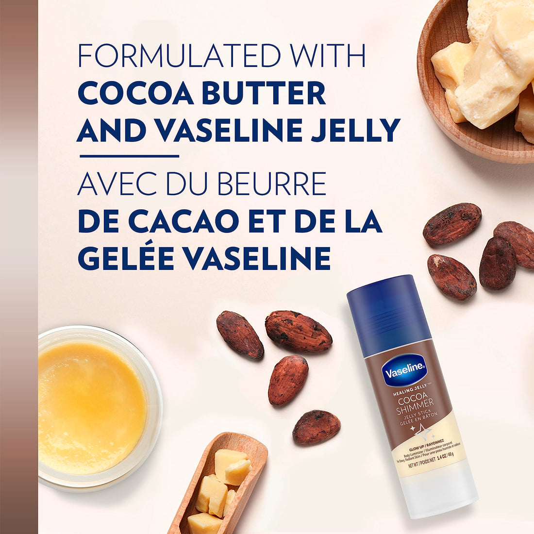 Vaseline Lotion Bundle, Cocoa Shimmer Jelly Stick Highlighter & Luminizer + All Over Body Balm Stick, Vaseline Cocoa Butter, Body Balm Skin Care Set, Petroleum Jelly for Dry Skin (4 Piece Set)