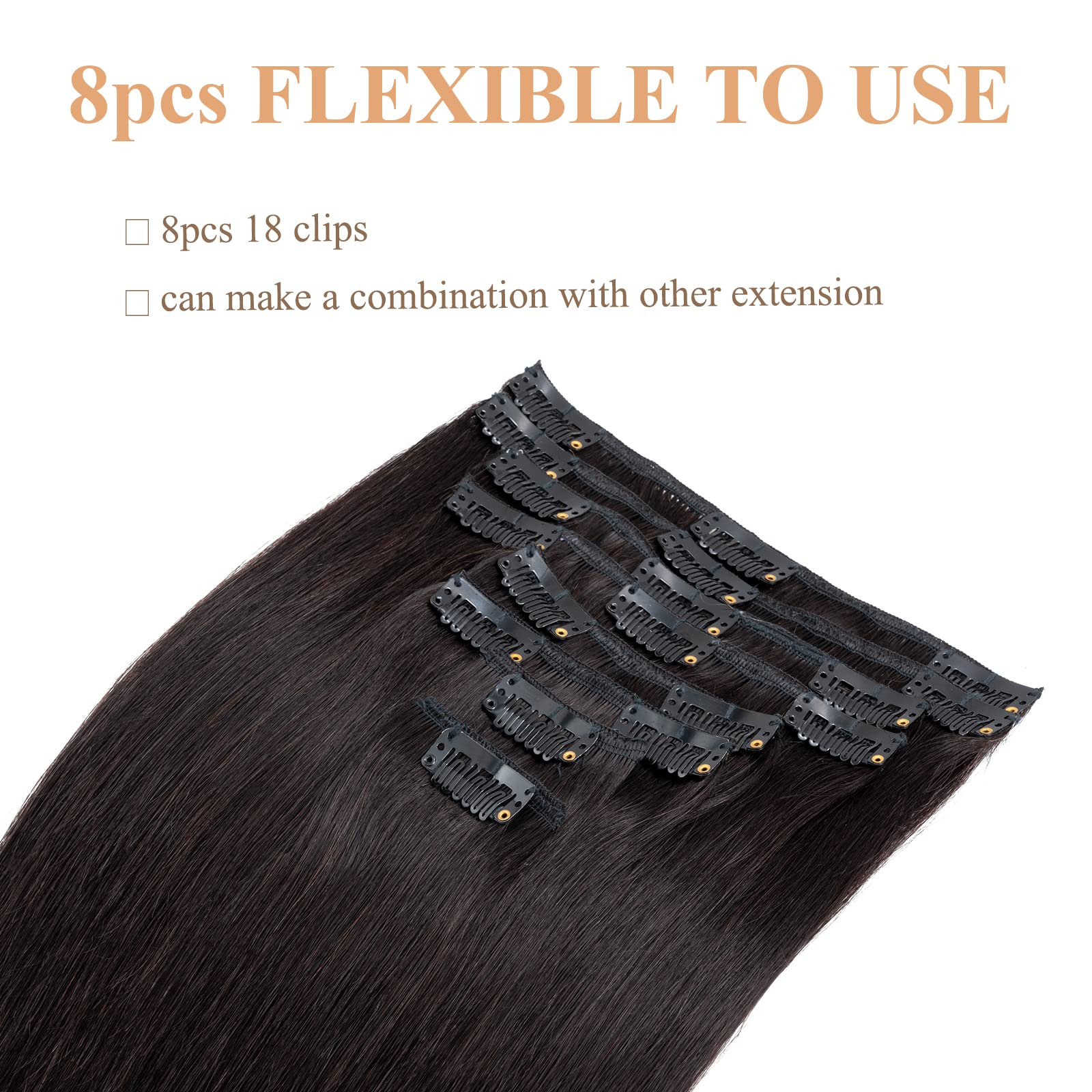 Clip in 100% Remy Human Hair Extensions 8-24 Grade 7A Quality Full Head 8pcs 18clips Long Soft Silky Straight for Women Fashion 10 / 10 inch 70g, #1B Natural Black