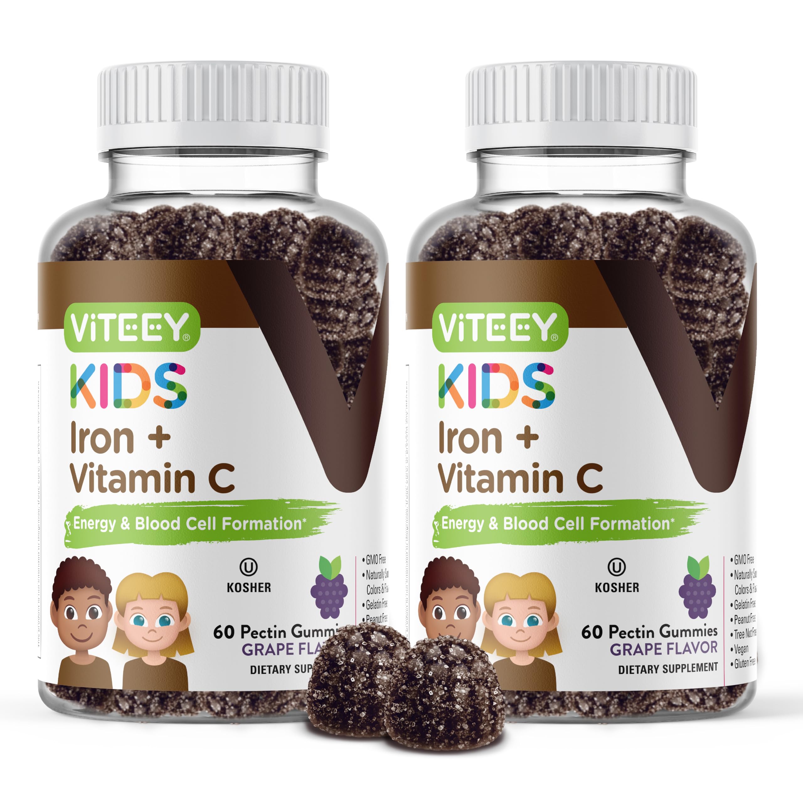 Iron Gummies for Kids with Vitamin C - Supports Energy, Blood Cell Formulation, Blood Builder Anemia Kids Iron Supplements - Vegan, Gelatin Free, Gluten Free - Tasty Chewable Grape Flavored Gummy