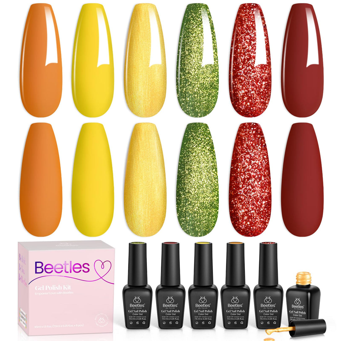 Beetles Fall Gel Nail Polish Set, 6Pcs Autumn Realm Collection, Yellow Orange Burgundy Red Green Gel Polish Golden Glitter Nails Kit DIY Nail Art Gifts for Women