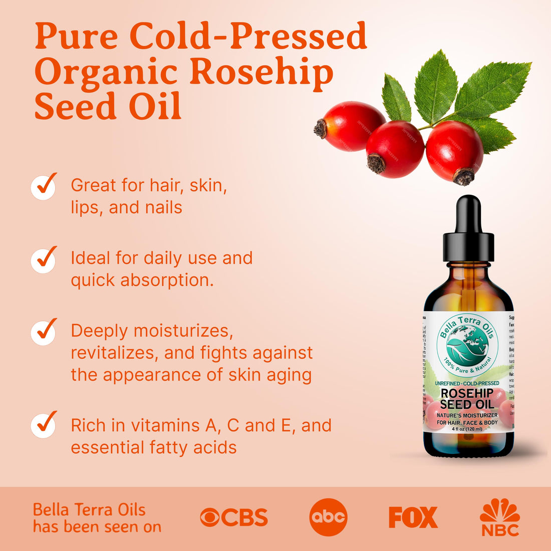 Rosehip Seed Oil 2 oz. 100% Pure. Cold-pressed. Unrefined. Organic. Natural. - Bella Terra Oils