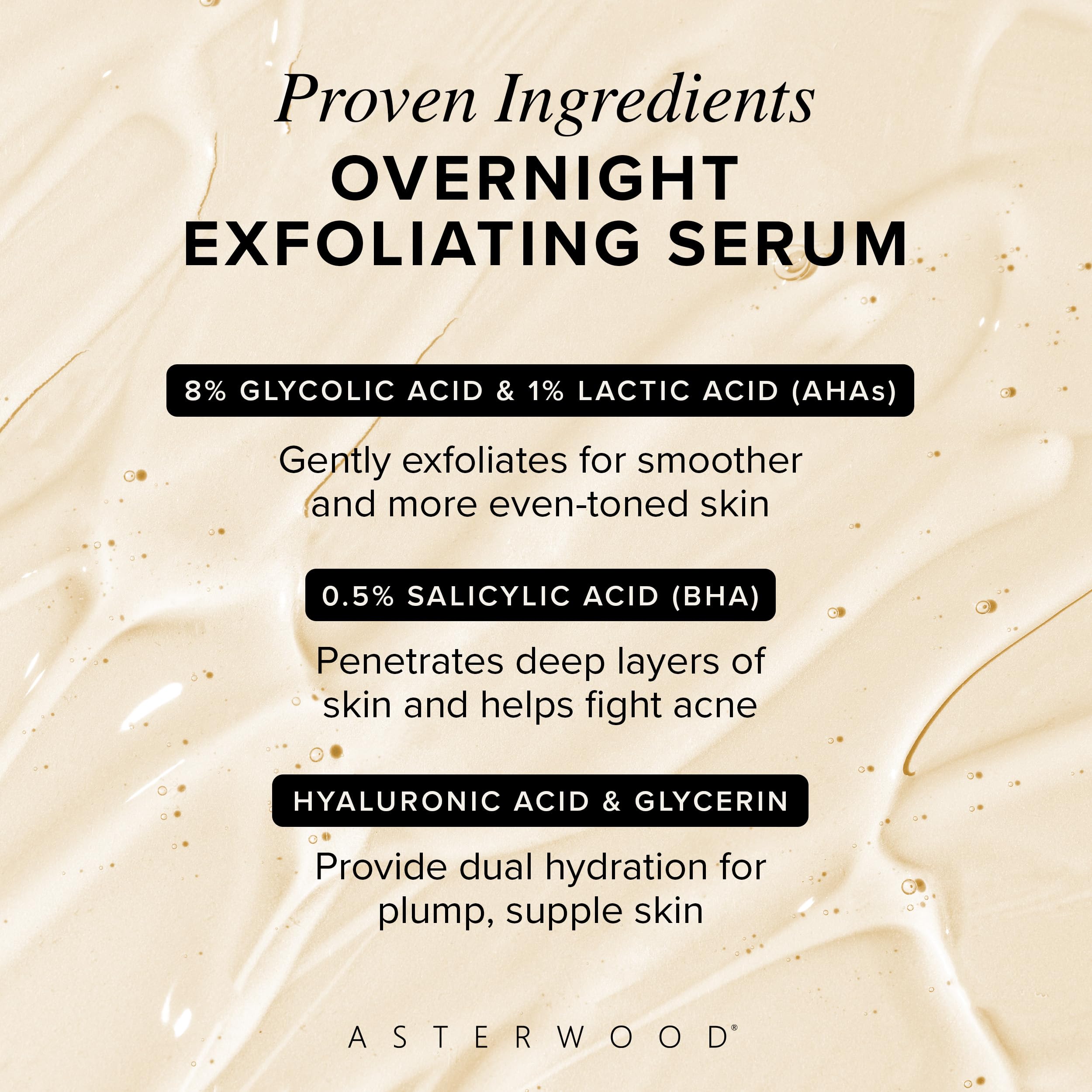 Asterwood Overnight Exfoliating Serum - AHA (Lactic Acid & Glycolic Acid) - BHA (Salicylic Acid) - Supports Improvement of Hyperpigmentation, Dark Spots - Fragrance-Free - 1 Fl Oz