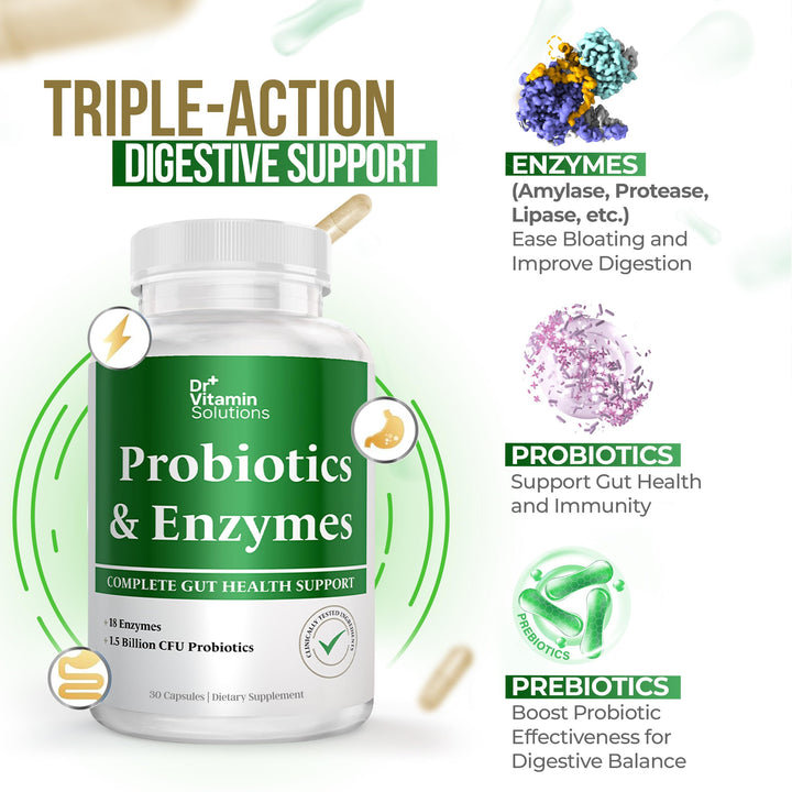 DR VITAMIN SOLUTIONS Probiotics and Multi Enzymes with Prebiotics for Digestive Health & Bloating Relief for Women & Men, Enzymes & Probiotics for Gut & Digestion - 30 Caps (1 Bottle, 30 Capsules)