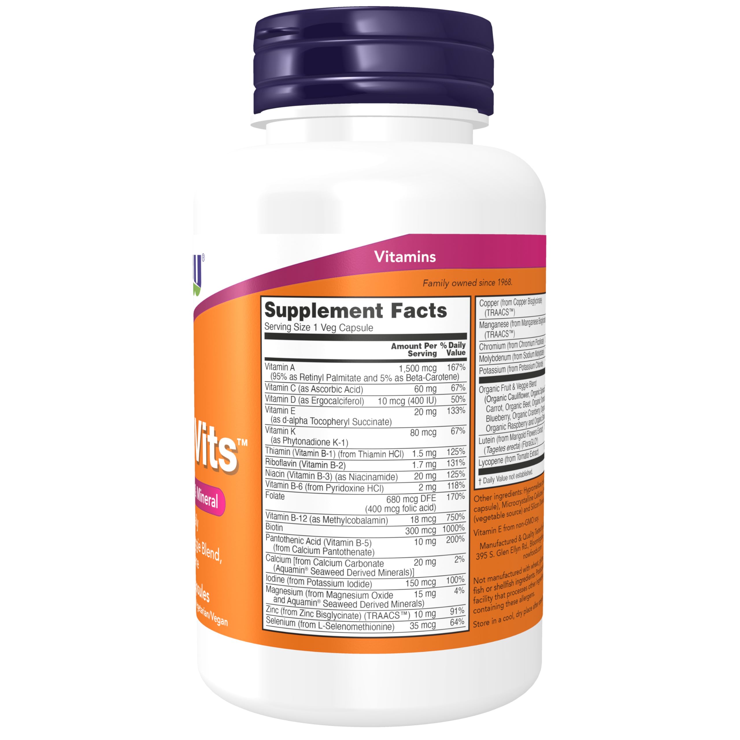 NOW Foods Supplements, Daily Vits™ with Fruit & Veggie Blend, Lutein and Lycopene, 120 Veg Capsules