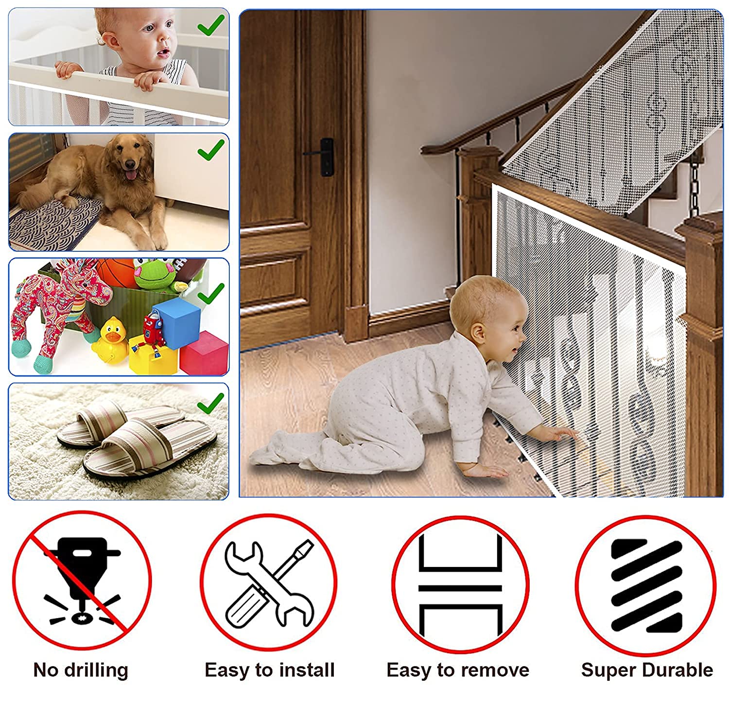JIFTOK Baby Gate for Stairs, Banister Guard for Kids, Pets, Toys, 10ft L x 2.66 ft H, Mesh Netting Safety Net for Balcony Rail Stair, Stairway Net Baby Safety Products for Indoor & Outdoor (White)