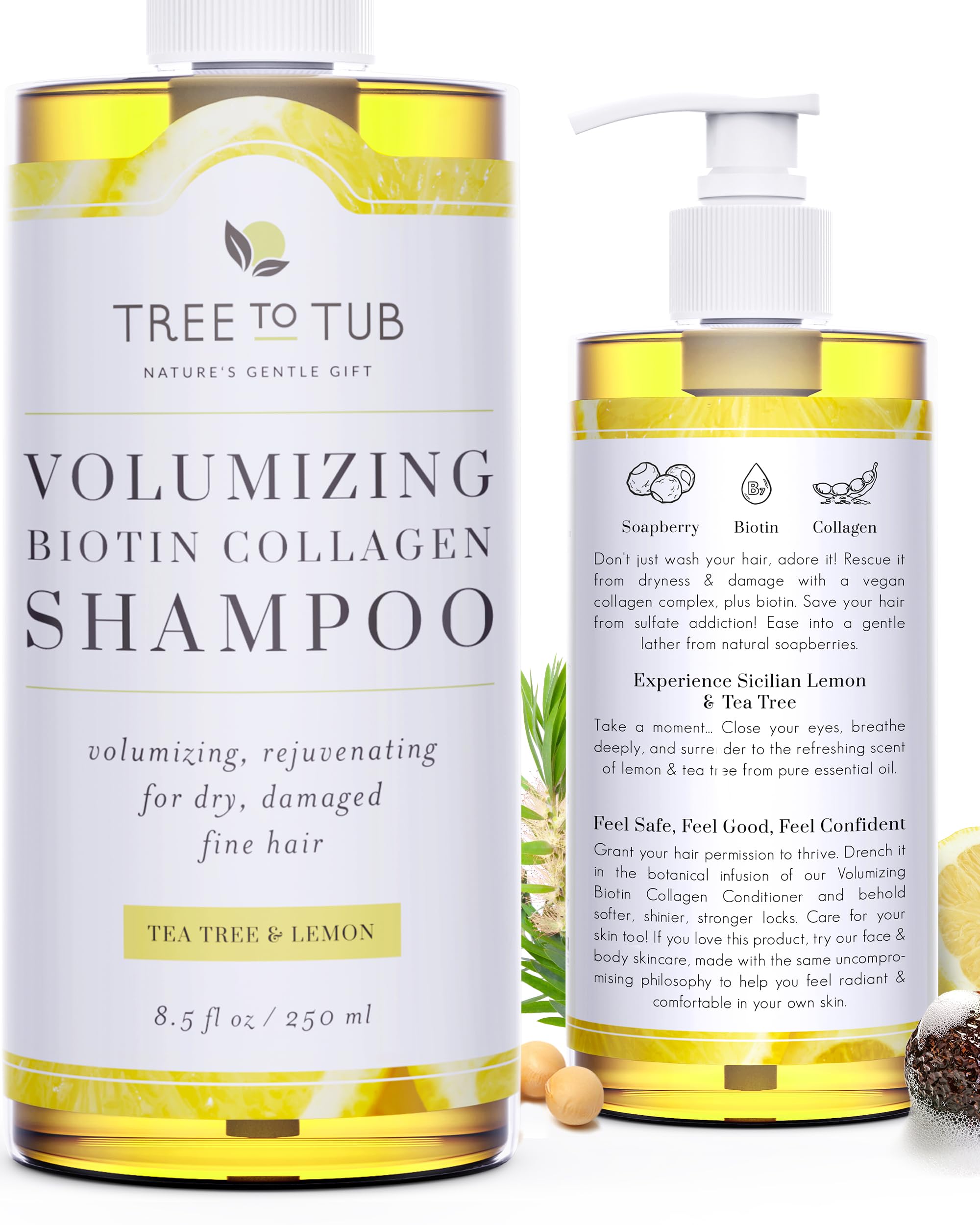 Tree to Tub Volumizing Hair Thickening Shampoo - Biotin, Collagen, Sulfate-Free Argan Oil Shampoo with Wild Soapberries and Sicilian Lemon Tea Tree Oil for Women & Men