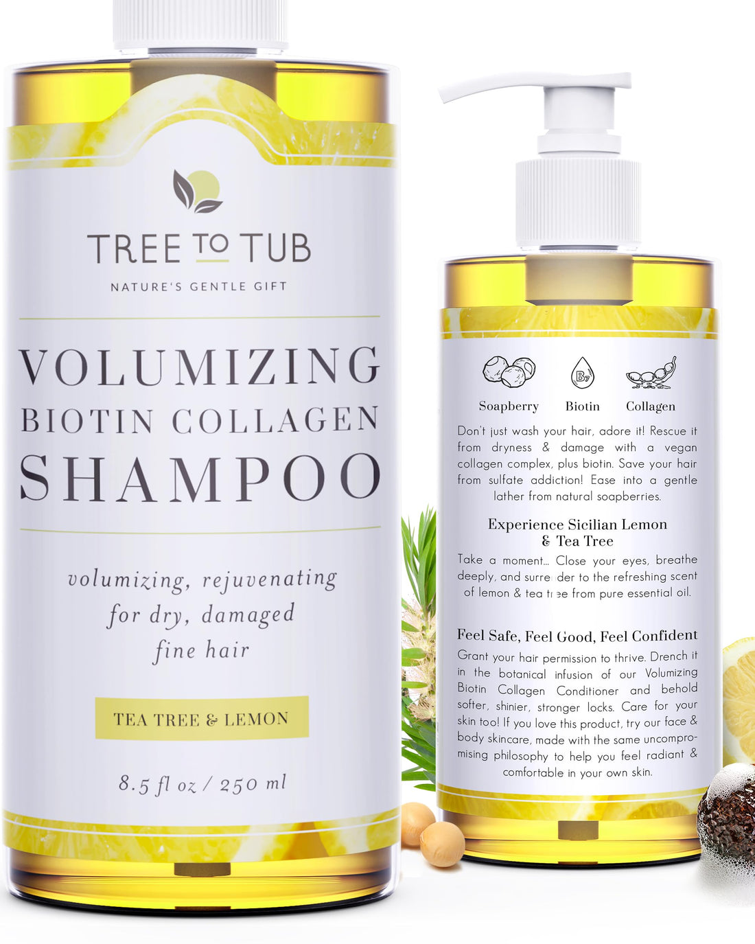 Tree to Tub Volumizing Hair Thickening Shampoo - Biotin, Collagen, Sulfate-Free Argan Oil Shampoo with Wild Soapberries and Sicilian Lemon Tea Tree Oil for Women & Men