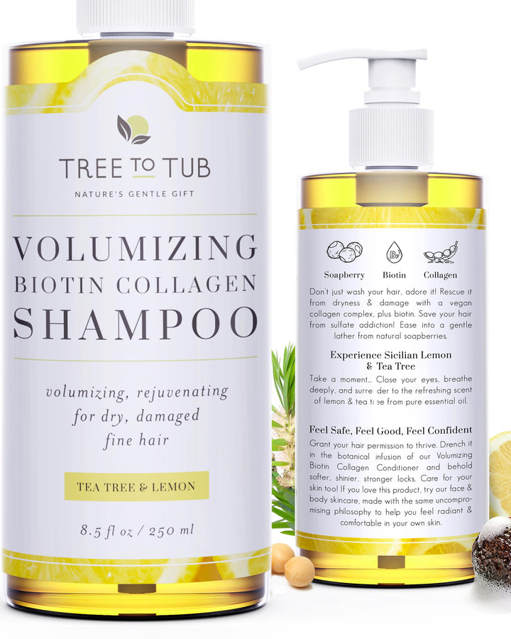 Tree to Tub Volumizing Hair Thickening Shampoo - Biotin, Collagen, Sulfate-Free Argan Oil Shampoo with Wild Soapberries and Sicilian Lemon Tea Tree Oil for Women & Men