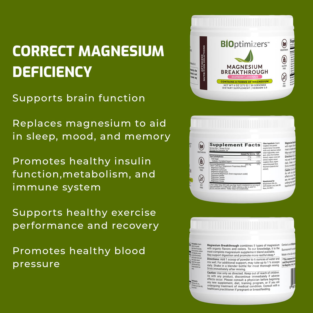 BiOptimizers Magnesium Breakthrough Drink Raspberry Lemonade - 8 Forms of Magnesium: Glycinate, Malate, Citrate, and More - Natural Sleep and Brain Supplement – 6 oz (30 Servings)