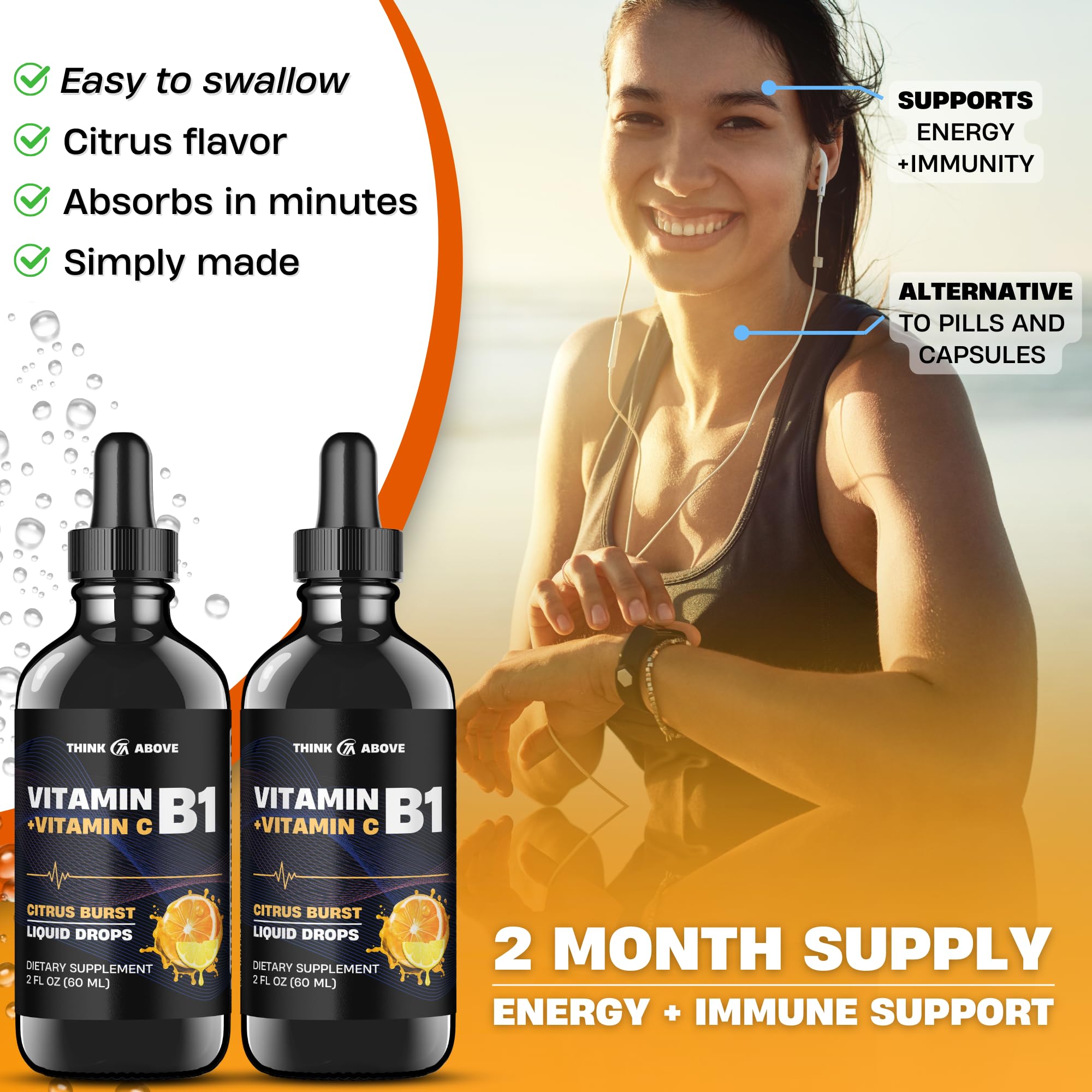 Think Above Vitamin B1 + Vitamin C Liquid Drops - Energy & Immune Support Supplement - 2 fl oz (60 ml) Pack of 2 - Fast Absorption, Easy-to-Use