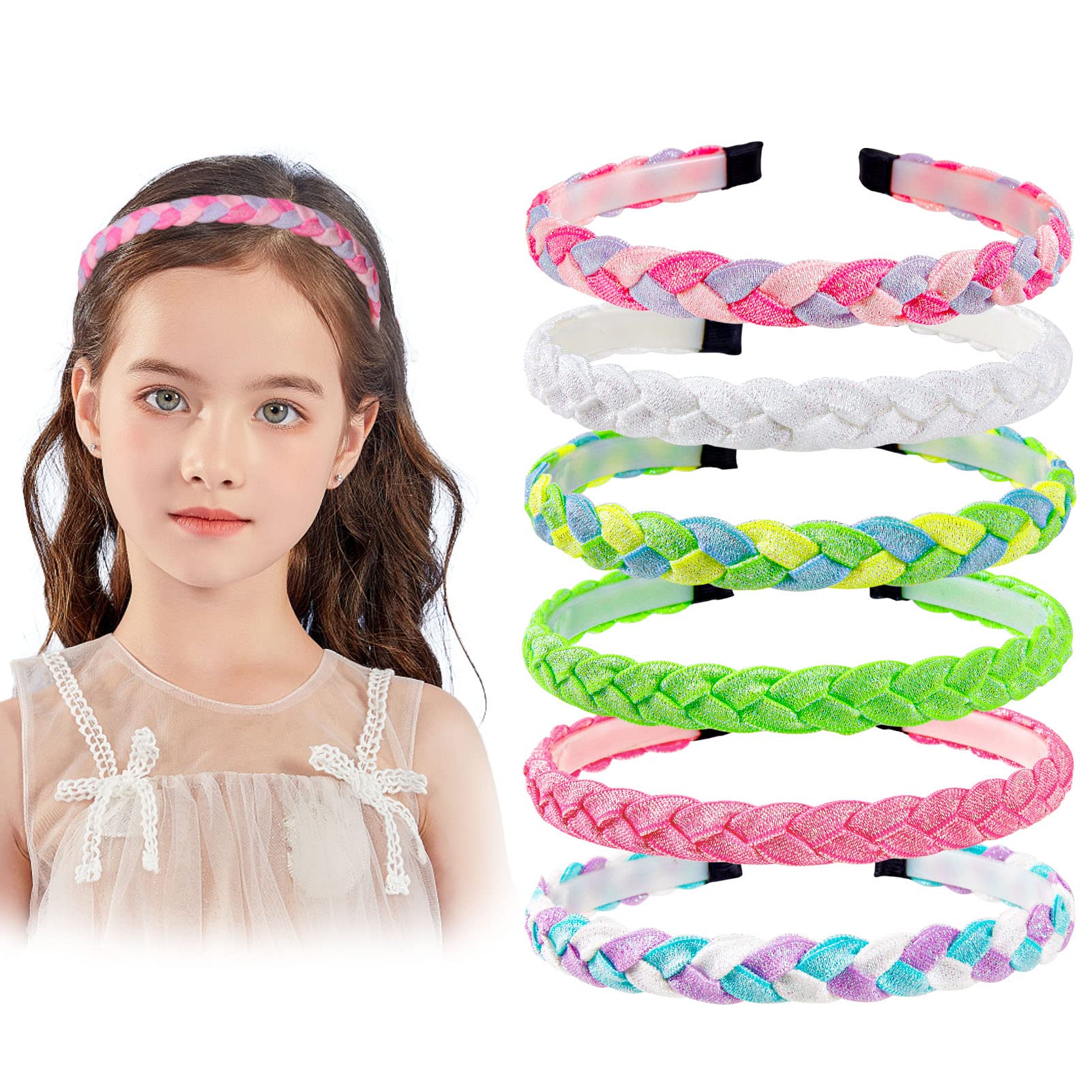 Braided Headbands Girls 6 Pieces Rainbow Braid Head Bands for Kids Toddlers Women Hand Twist Hairbands Sequins Cloth Hair Accessories Party Favors