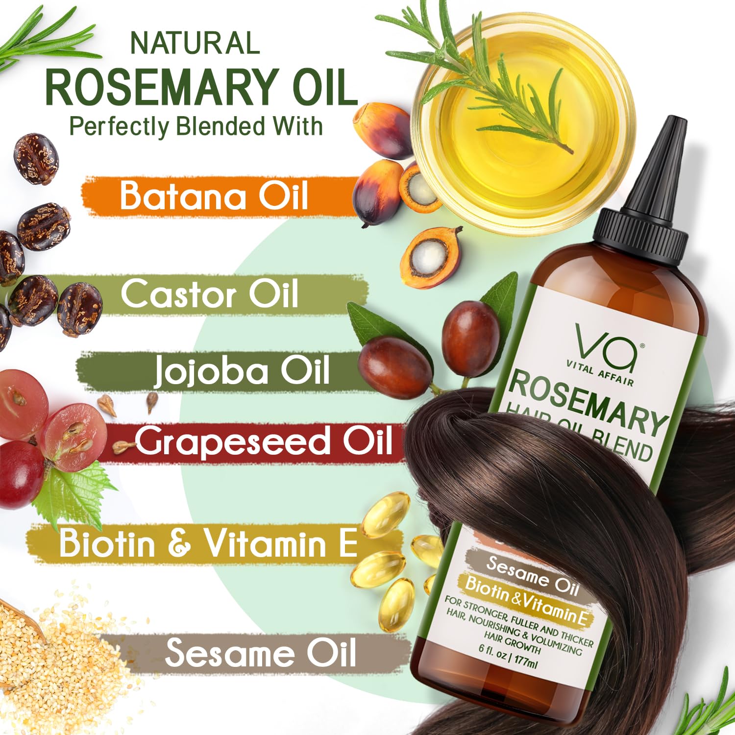 VITAL AFFAIR Blend Of Pure Rosemary Oil For Hair Growth With Castor, Batana, Jojoba Oil-Infused With Biotin & Vitamin E-Blend of Effective Hair Oils for Hair Growth-Strengthening Treatment 6 Fl Oz