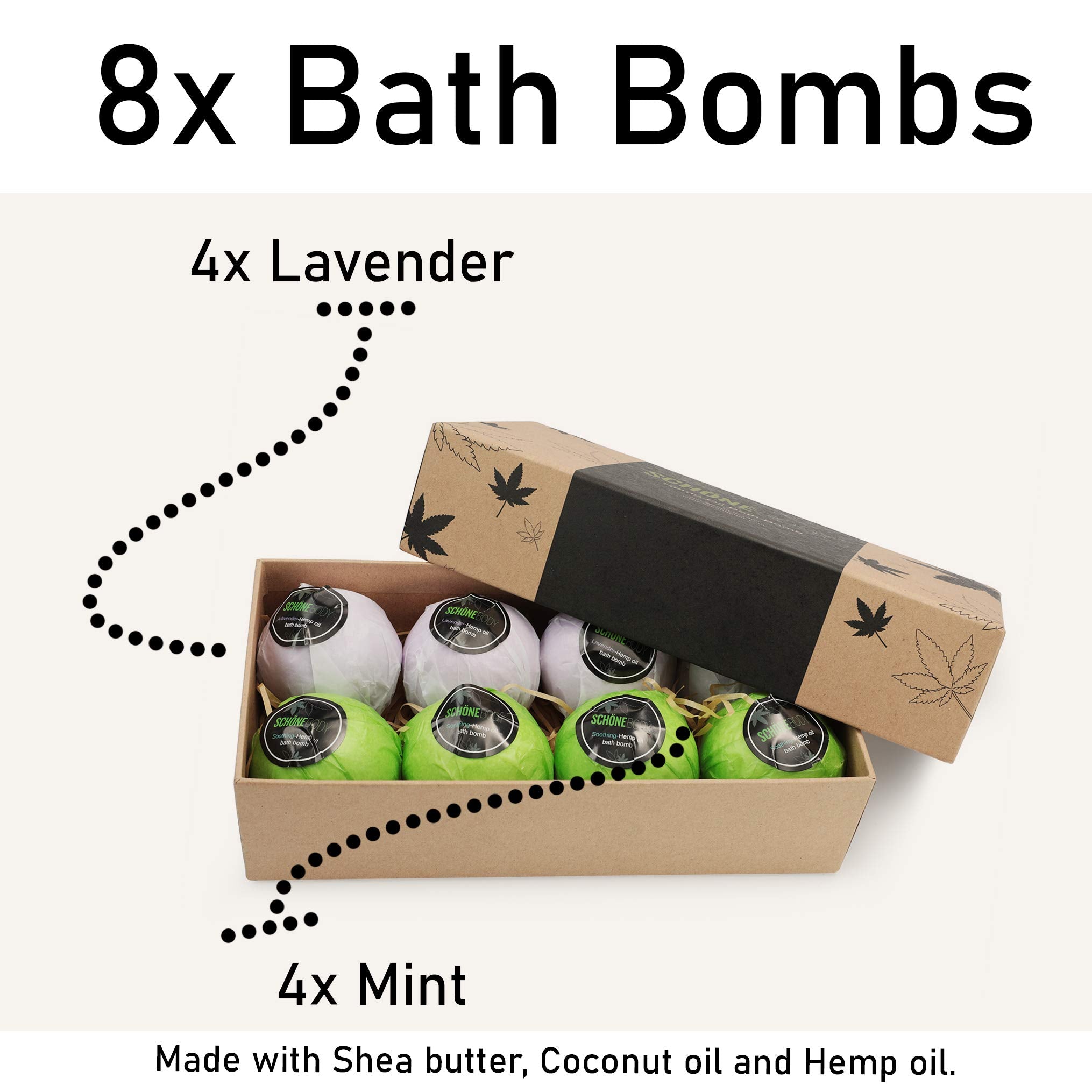 Hemp Bath Bombs, Large Set of 8 Bath Bombs. by Schone Body, 2 Relaxing Scents of Refreshing Mint and Hemp Oil and Soothing Lavender and Hemp Oil. Made with Pure Essential Oil Vegan Set