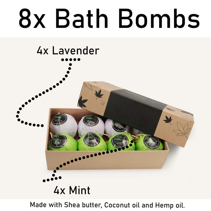 Hemp Bath Bombs, Large Set of 8 Bath Bombs. by Schone Body, 2 Relaxing Scents of Refreshing Mint and Hemp Oil and Soothing Lavender and Hemp Oil. Made with Pure Essential Oil Vegan Set