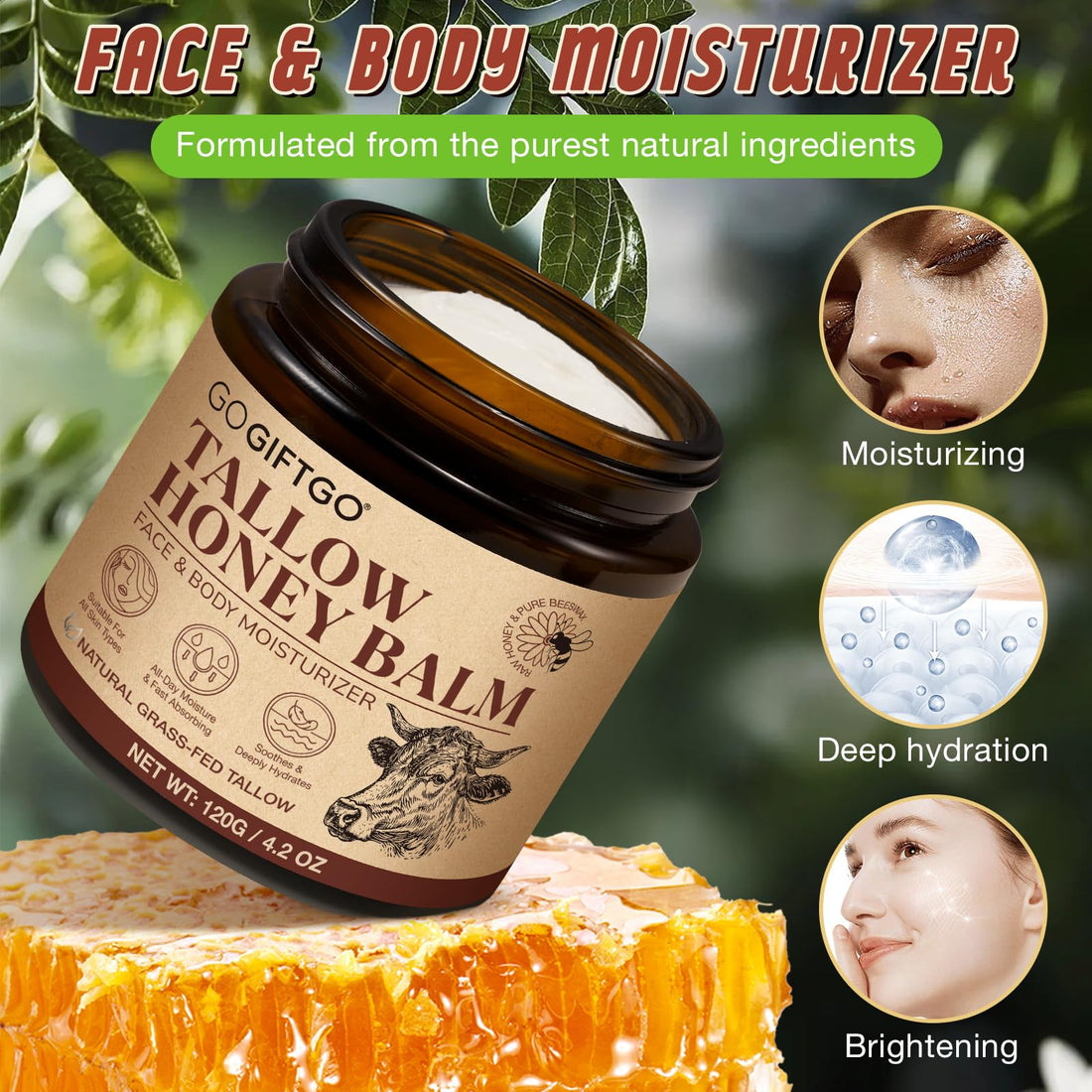 asusxcli Beef Tallow for Skin,Beef Tallow for Face,Beef Tallow and Honey Balm,Grass Fed Whipped Tallow Honey Balm,Natural Moisturizer Hydrates,Deeply Nourishes the Skin, Enhances Natural Radiance