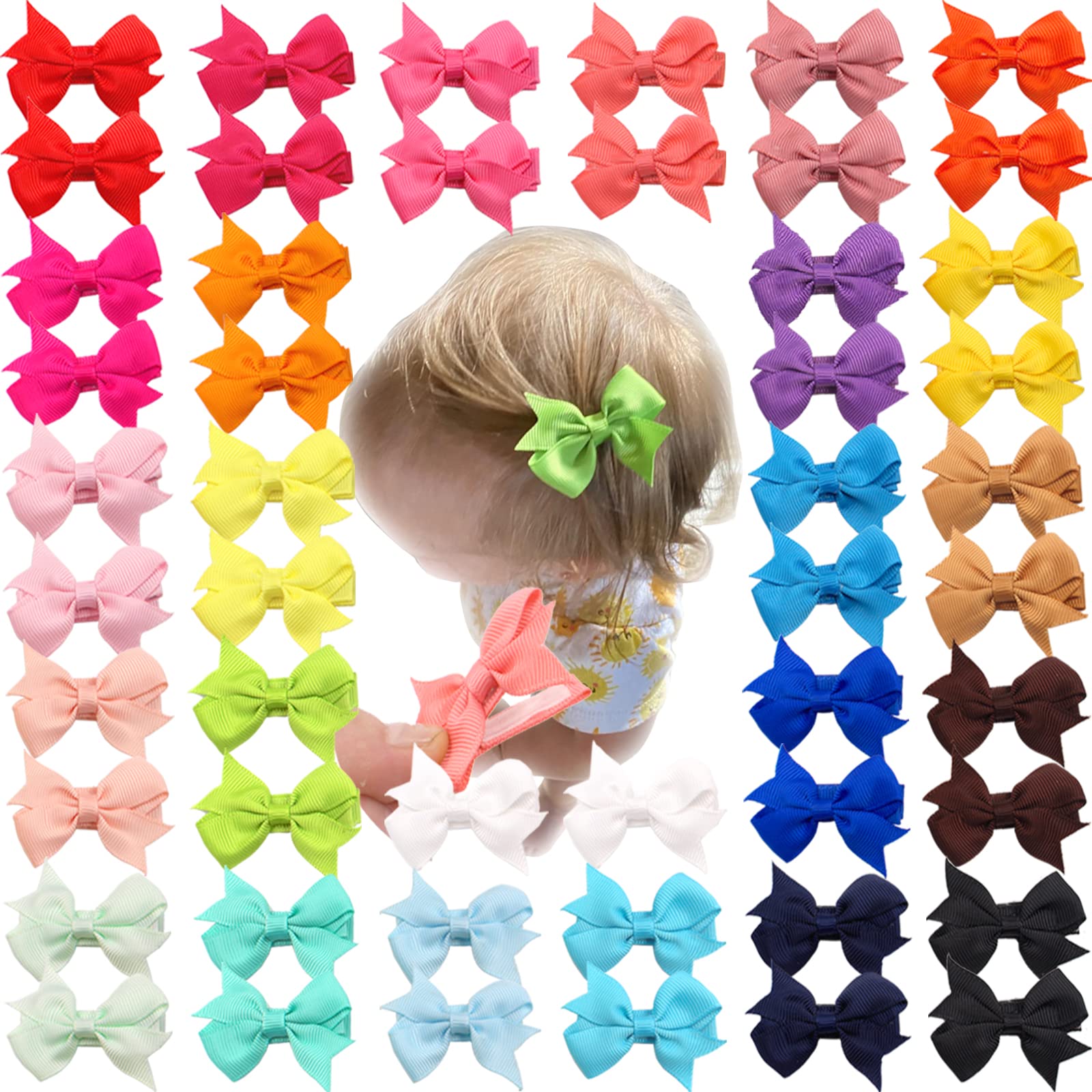 CÉLLOT Baby Hair Clips 50Pcs Tiny 2 Baby Hair Bows Fully Covered Barrettes Clips for Baby Girls Infants and Toddlers,25 Colors in Pairs