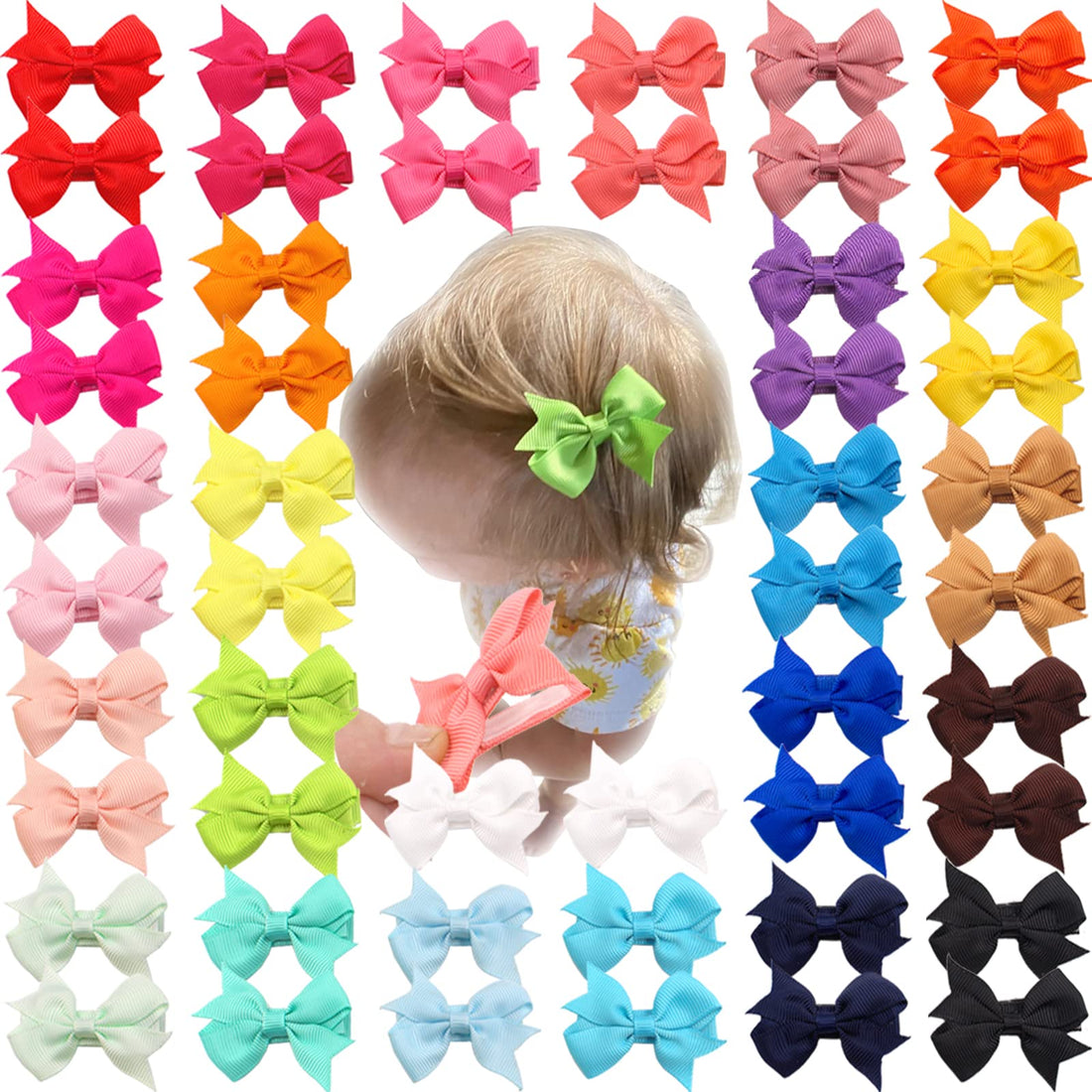 CÉLLOT Baby Hair Clips 50Pcs Tiny 2 Baby Hair Bows Fully Covered Barrettes Clips for Baby Girls Infants and Toddlers,25 Colors in Pairs
