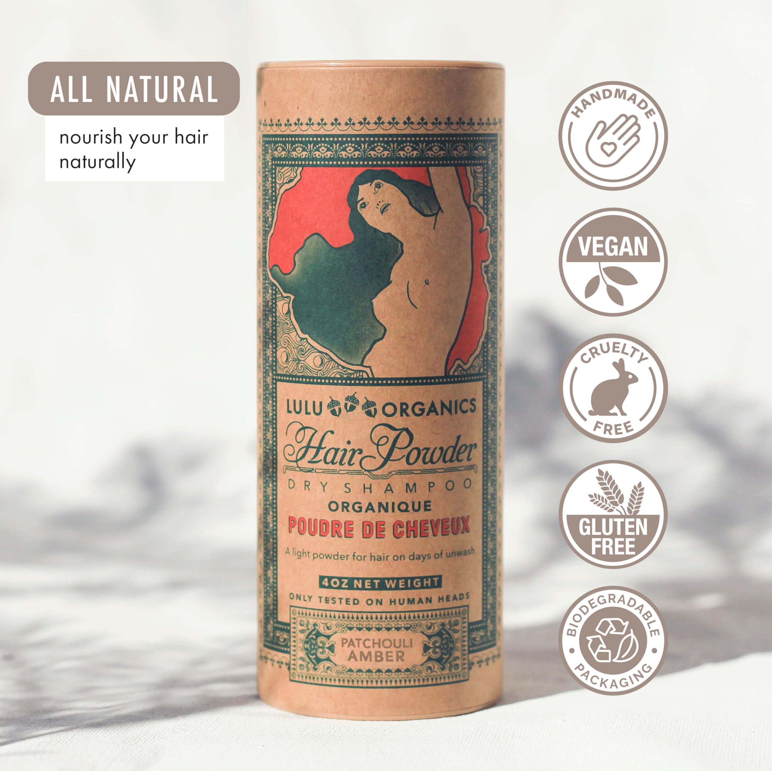 Non Aerosol Dry Shampoo Powder for Dark, Blonde and Oily Hair, All Natural Organic Hair and Body Powder, Paraben &Talc free No White Cast Synthetic Fragrance, Patchouli and Amber - 4oz