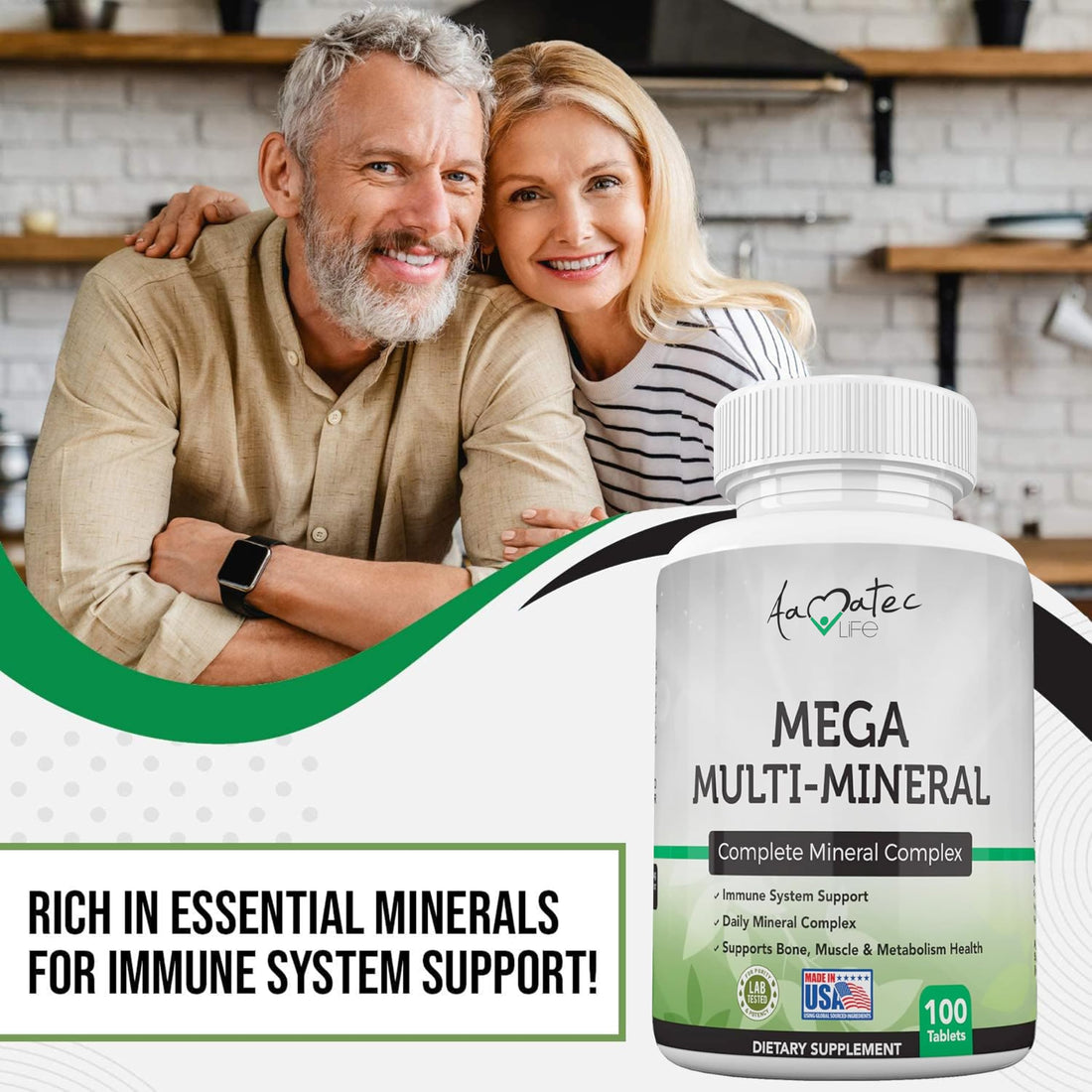 Aamatec Life Multi Minerals Supplement Complete Mineral Complex with Vitamin D3, Calcium, Magnesium, Zinc & Iodine Bone, Muscle, Metabolism & Immune Support Mega Multi-Mineral Supplement 100 Tablets