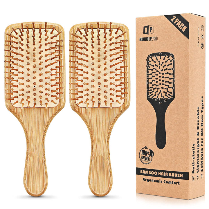 BundlePro Pack of 2 Bamboo Hair Brushes | Natural Ecofriendly Brush with Bristles Massages Scalp AntiStatic Detangle for All Types Lightweight Travel Size (Paddle)