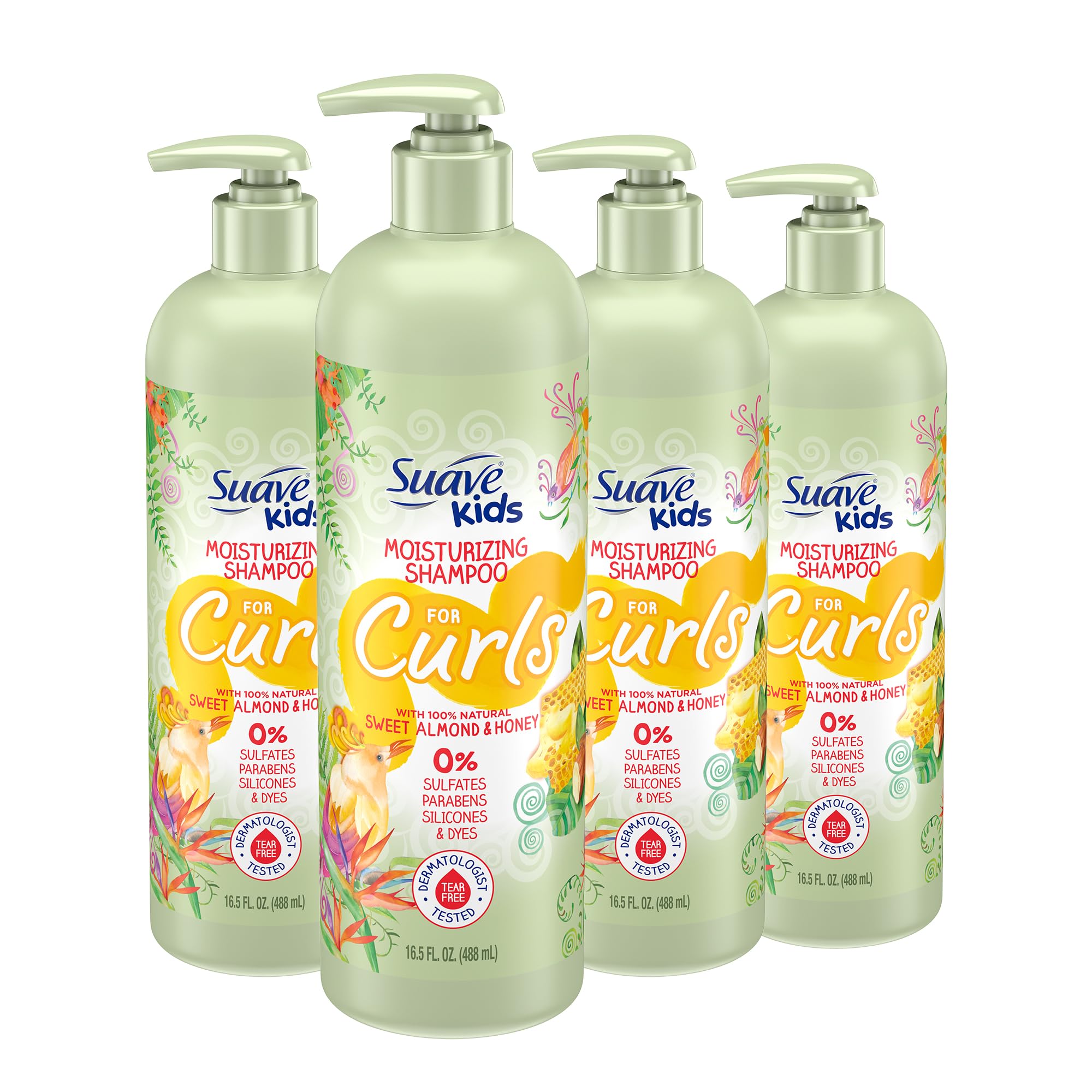 Suave Kids Natural Sweet Almond Honey Curly Hair Shampoo, Tear Free, No Sulfates, No Parabens, No Silicones, No Dyes, 16.5 Oz Pack of 4