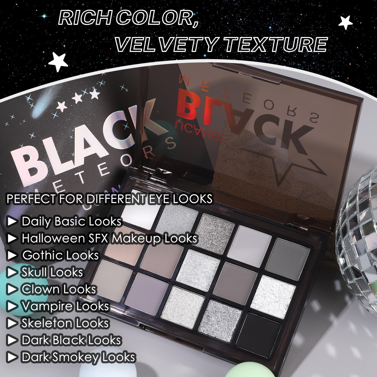 UCANBE Smokey Black Eyeshadow Palette, 15 Colors Dark Shimmer Matte Metallic Makeup Pallet, High Pigmented Gray Silver Sombras De Ojos Kit for Daily and Halloween