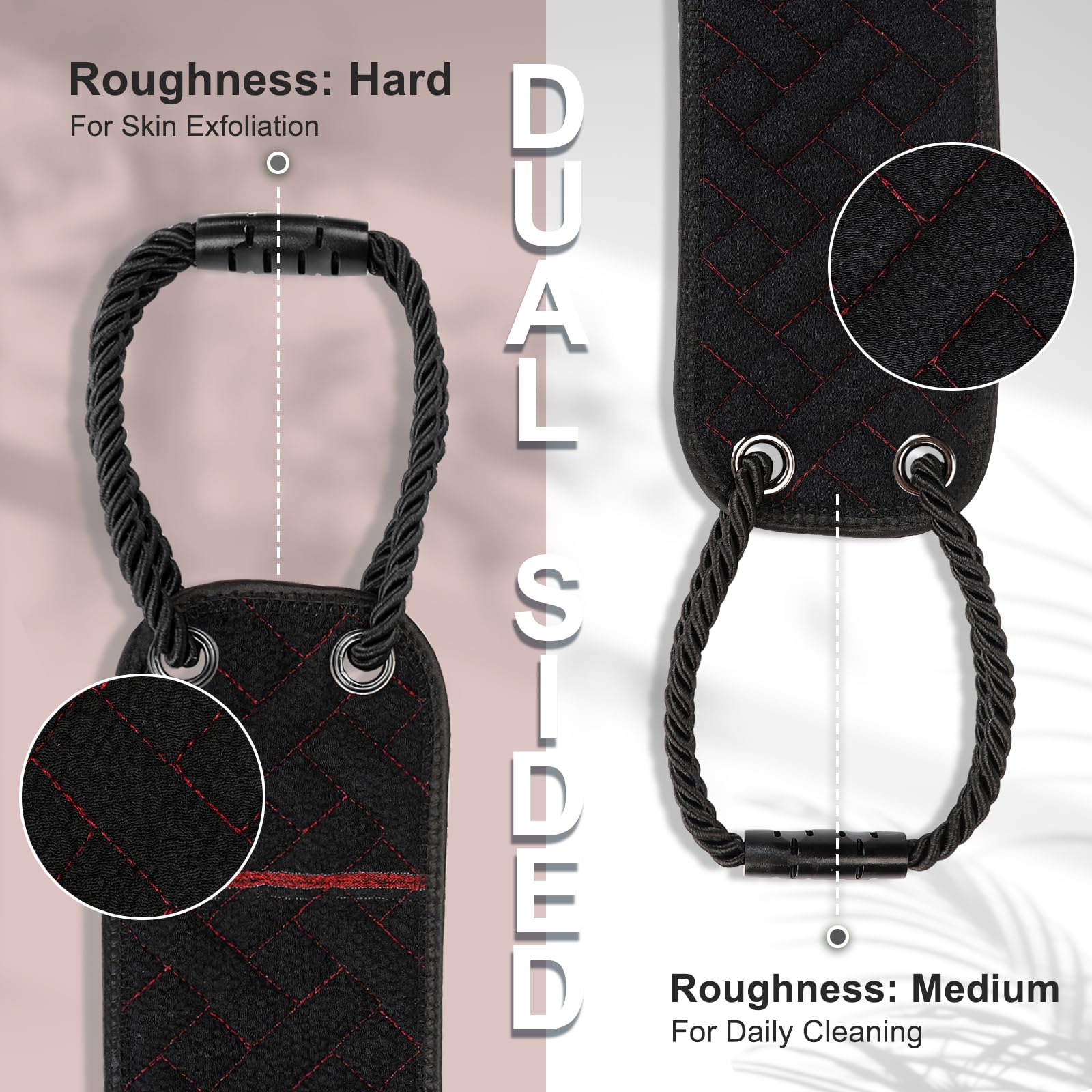 Exfoliating Back Scrubber with Upgraded Handles, 38.5 Inch Double-Sided Body Scrub Bath Exfoliator, Exfoliating Washcloth for Use in Shower, Back Washer to Deep Clean Your Skin for Men & Women (Black)