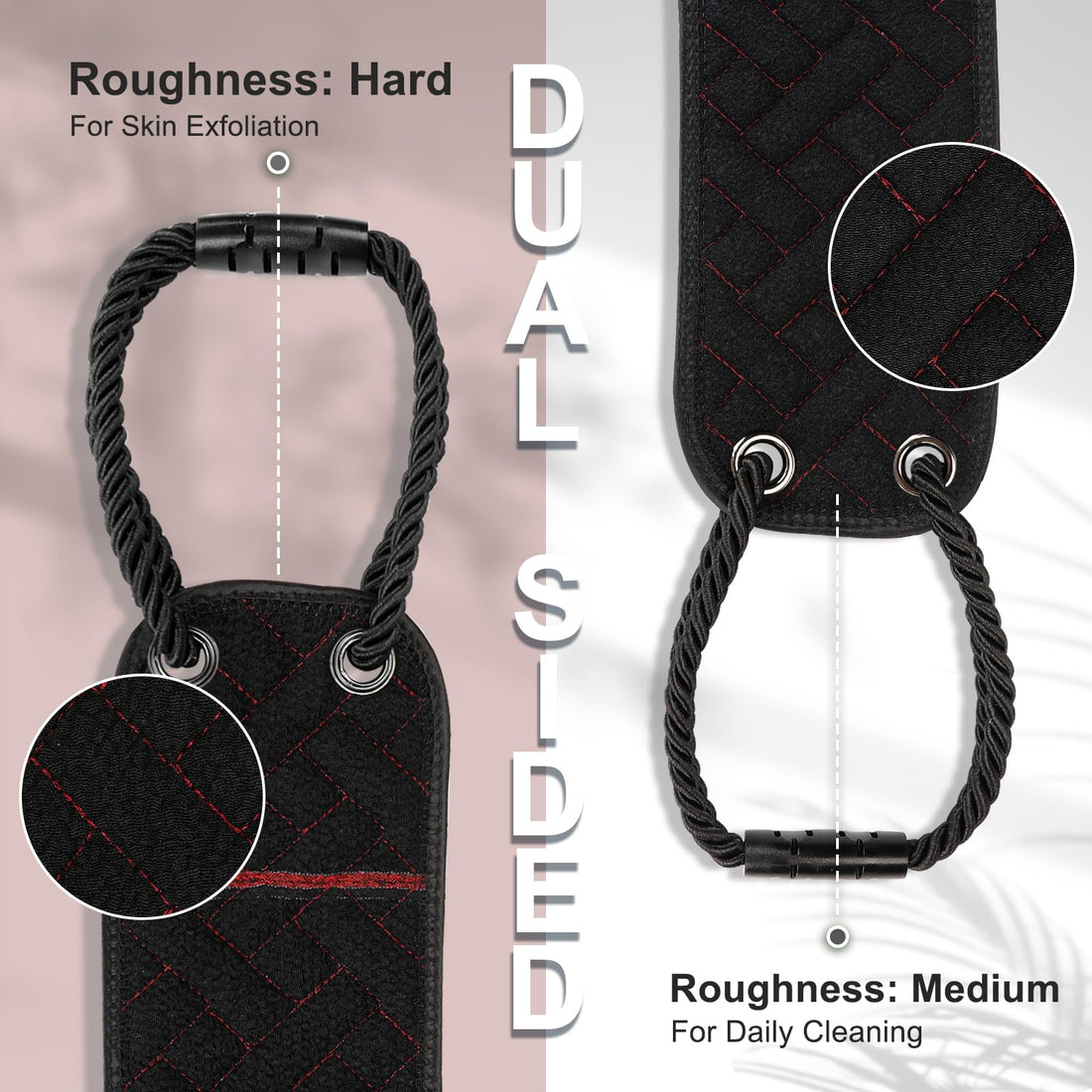 Exfoliating Back Scrubber with Upgraded Handles, 38.5 Inch Double-Sided Body Scrub Bath Exfoliator, Exfoliating Washcloth for Use in Shower, Back Washer to Deep Clean Your Skin for Men & Women (Black)