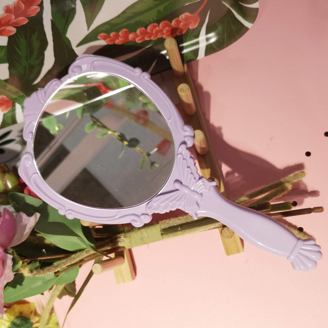 Embossed Butterfly Handheld Mirror with Folding Handle, Princess Style