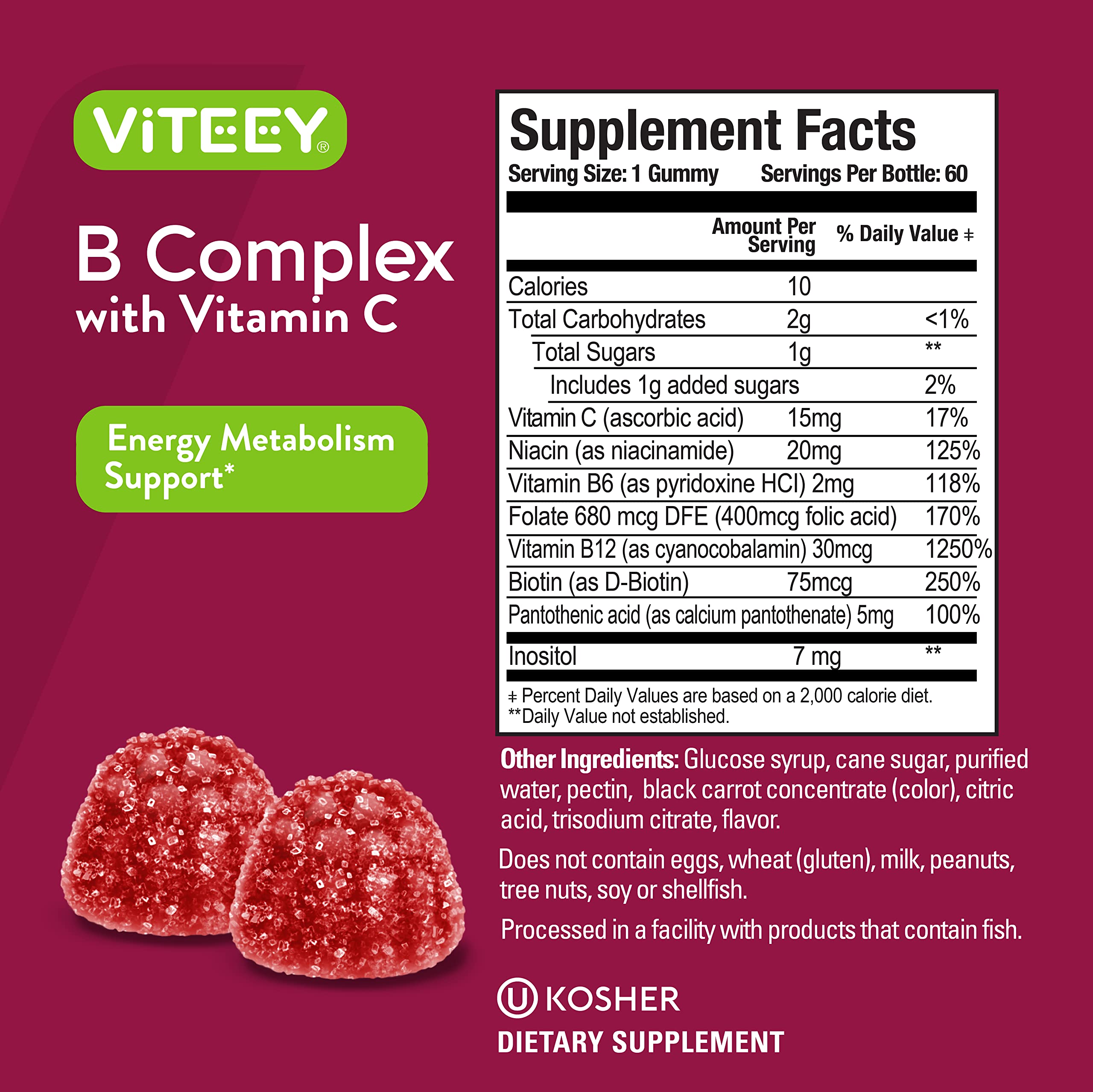 Vitamin B Complex Gummies for Adults with Vitamin C, B6, B12, Niacinamide, Folic Acid, Biotin, Calcium - Supports Energy & Metabolism - Vegan, Gluten Free, Gelatin Free - Chewable Strawberry Flavored
