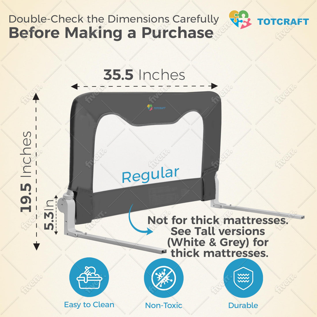 TotCraft Toddler Bed Rails Guard – Universal Baby & Children Bed Rail for Box Spring &slats – Kids Bed Rail for Toddlers for Twin, Double, Full Size Queen & King Bed - Grey (35.5L19.5H) in