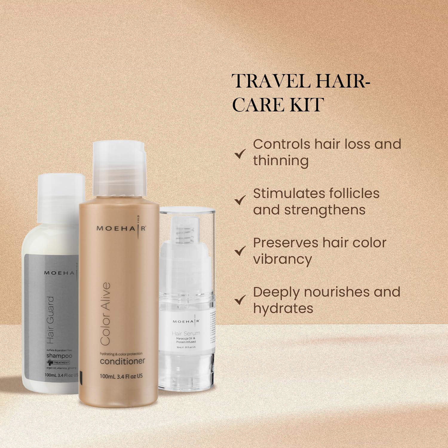 MOEHAIR Travel Size Trio Pack: Shampoo, Conditioner and Serum Color Care Set for Treated Hair - Pack of 3