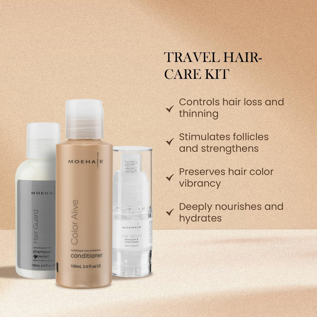 MOEHAIR Travel Size Trio Pack: Shampoo, Conditioner and Serum Color Care Set for Treated Hair - Pack of 3