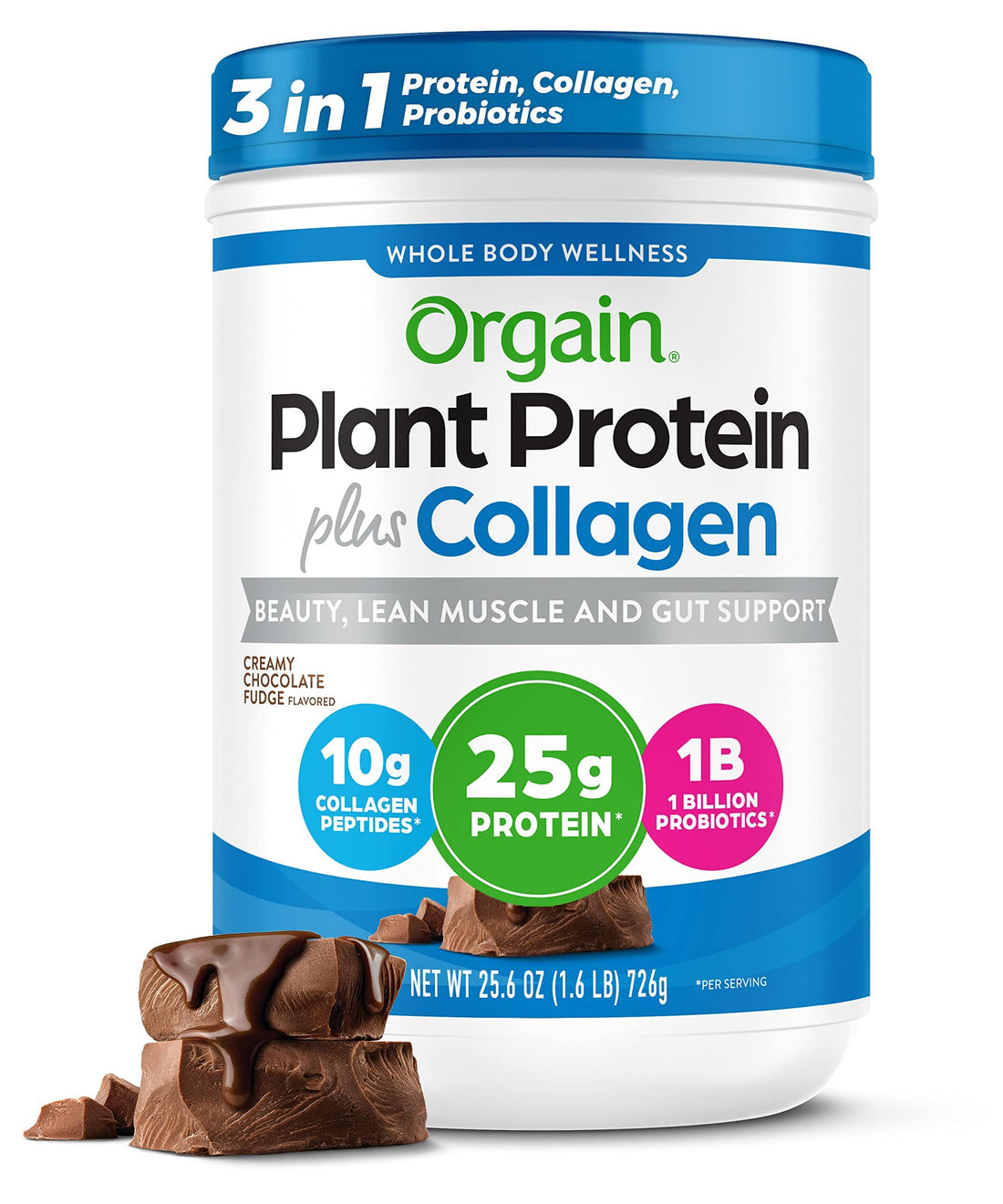 Orgain Protein Powder + Collagen, Creamy Chocolate Fudge - 25g of Protein, 10g Collagen Peptides, Type I & III, 1B CFU Probiotics, Supports Hair, Skin, Nail, Joint & Gut Health, Gluten Free - 1.6lb