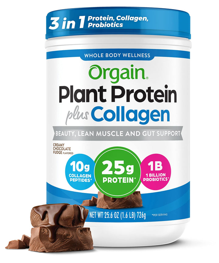 Orgain Protein Powder + Collagen, Creamy Chocolate Fudge - 25g of Protein, 10g Collagen Peptides, Type I & III, 1B CFU Probiotics, Supports Hair, Skin, Nail, Joint & Gut Health, Gluten Free - 1.6lb