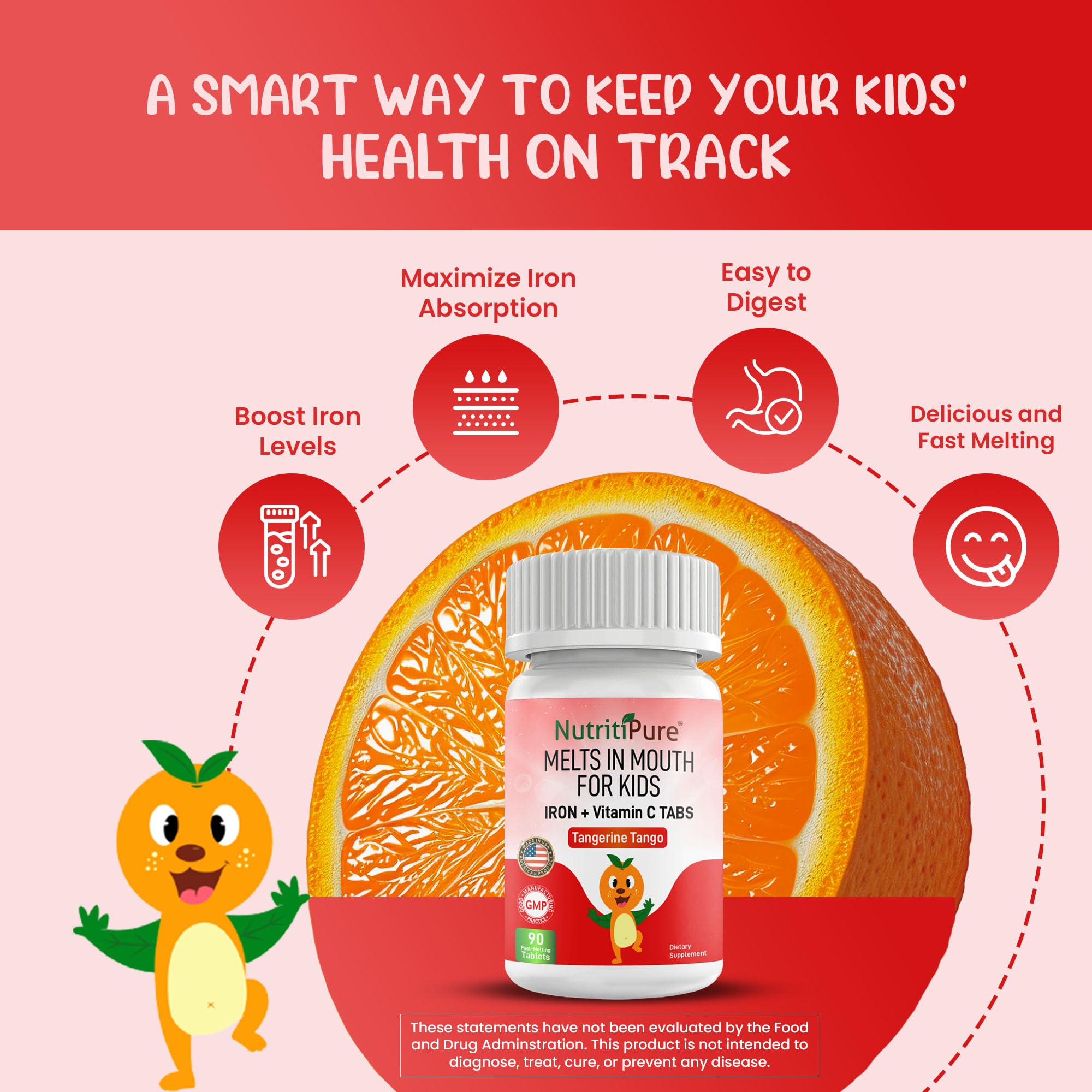 NutritiPure Chewable Iron Supplements for Kids (Ferronyl®/Carbonyl Iron 9 mg with Vitamin C 30 mg) Tablet in Tangerine Tango Orange Flavor Kids Iron Supplement 90 Count