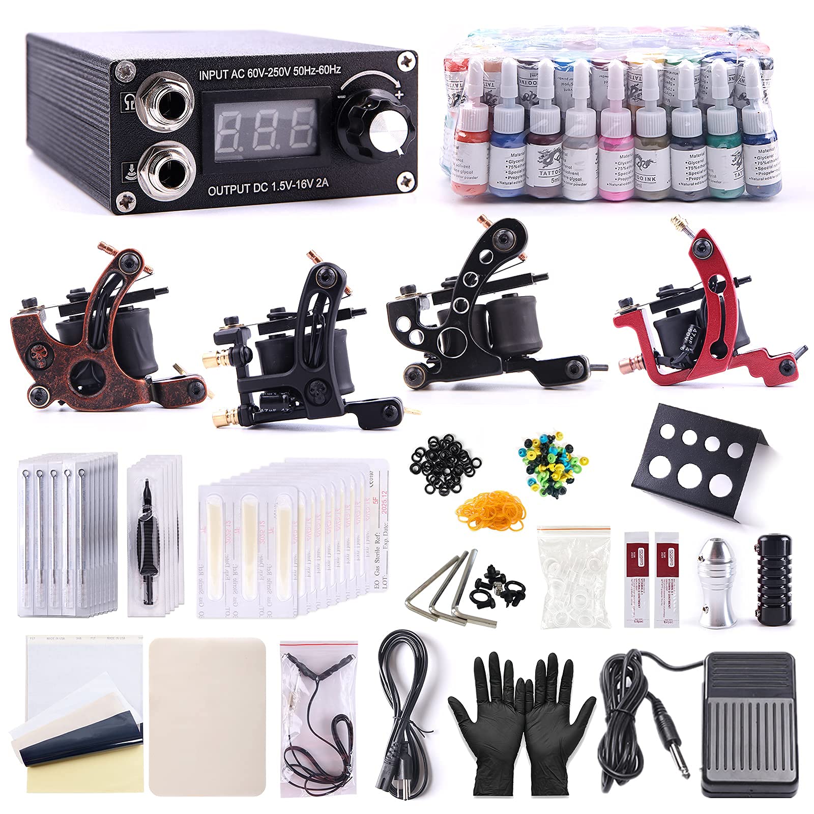 One Tattoo World Complete Tattoo Starter Kit, 4 Tattoo Machines, Digital Power Supply, 54 Color 5ml Tattoo Inks, Grips, Needles, Transfer Paper etc, OTW-KTB454