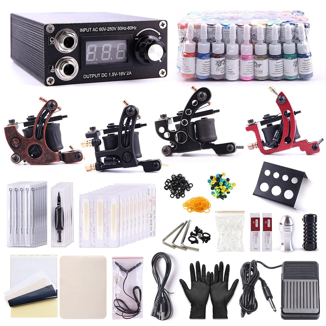 One Tattoo World Complete Tattoo Starter Kit, 4 Tattoo Machines, Digital Power Supply, 54 Color 5ml Tattoo Inks, Grips, Needles, Transfer Paper etc, OTW-KTB454