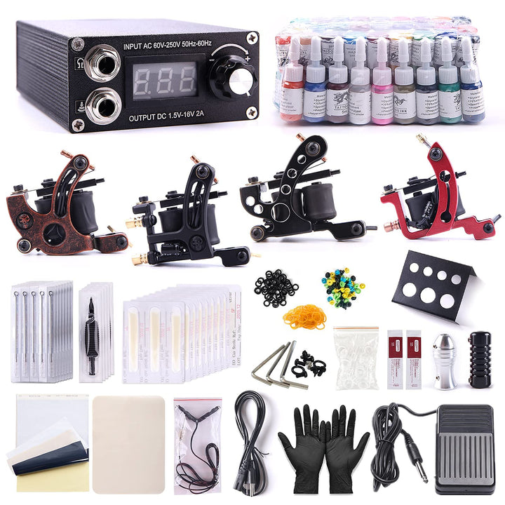 One Tattoo World Complete Tattoo Starter Kit, 4 Tattoo Machines, Digital Power Supply, 54 Color 5ml Tattoo Inks, Grips, Needles, Transfer Paper etc, OTW-KTB454